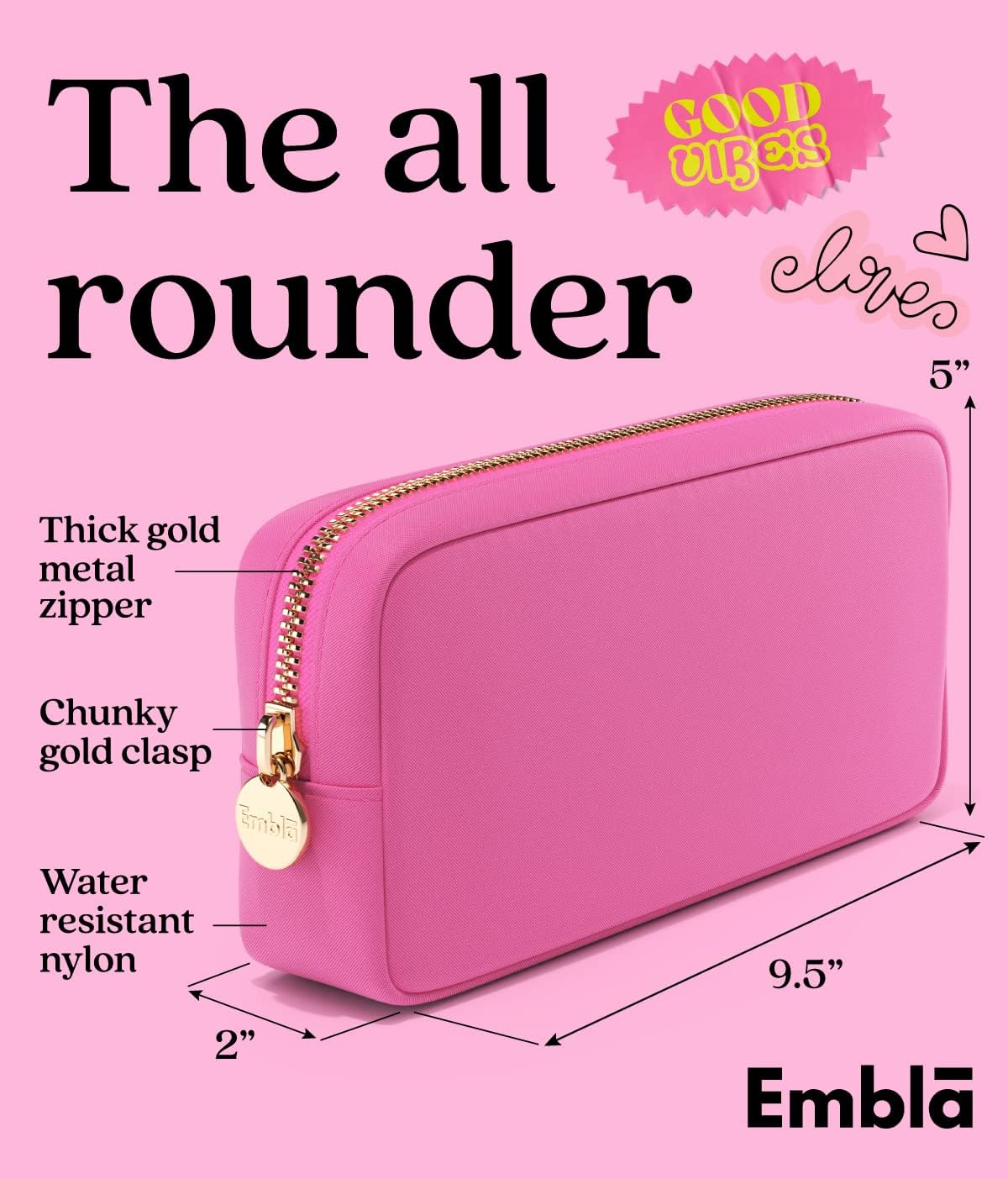 Embla Makeup Bag Travel Cosmetics Pouch and Toiletry Bag, Nylon Zipper Pouch Purse, Cute Make Up Organizer Storage Tote for Women Girls, Travel Skincare Case, Small Makeup Bags,Bubblegum