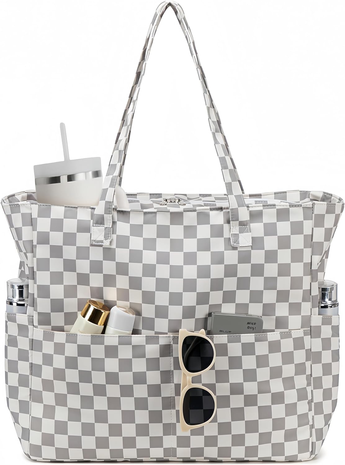 LEDAOU Large Beach Tote Bag Women Waterproof Sandproof Zipper Beach Tote Bag for Pool Gym Grocery Travel with Wet Pocket