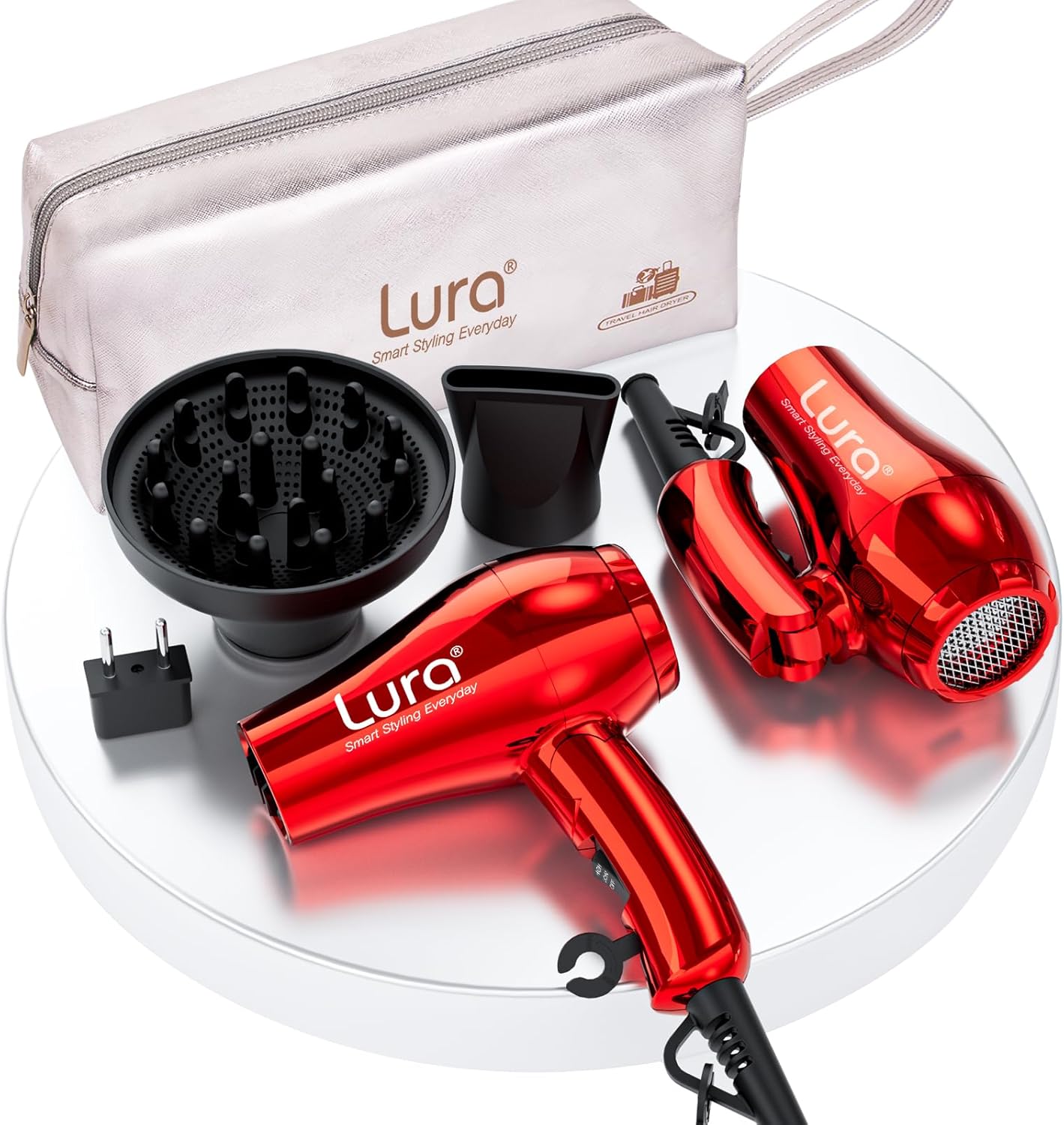 LURA Mini Portable Travel Hair Dryer:Dual Voltage Small Lightweight Blow Dryer with EU Plug,1200W Compact Hairdryer with Folding Handle,with Concentrator&Diffuser Attachment,for Women and Men(Red)
