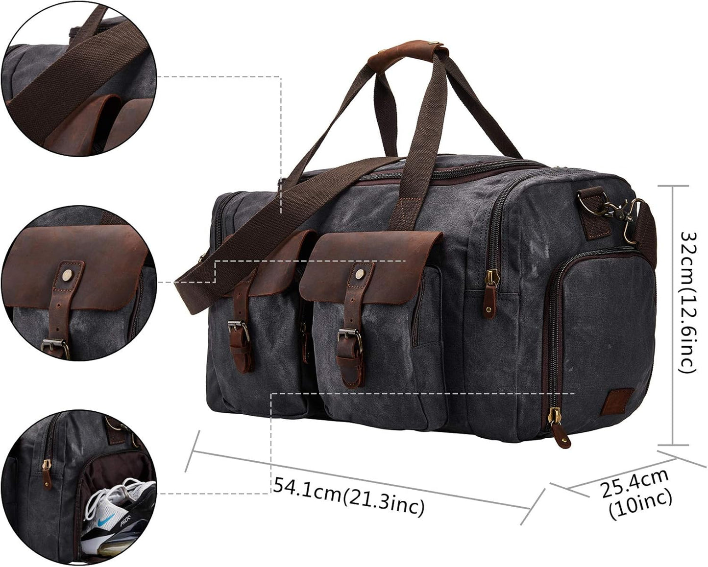 Waxed Canvas Vintage Overnight Duffel Weekend Travel Bag Waterproof For Men Women with Shoes Compartment (Grey)