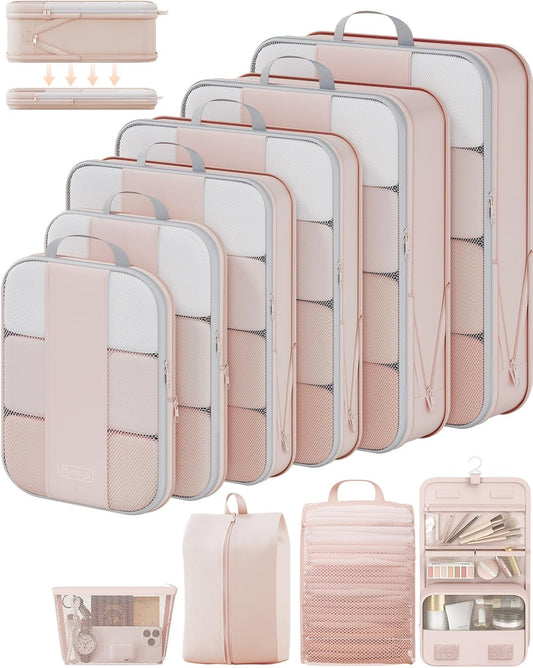 10 Set Compression Packing Cubes for Travel Gifts Women Mom,OlarHike Luggage Clothes Organizer for Travelers,Airplane/Cruise/Car/Train Travel Essentials,Compressible Expandable Saver Space Bags(Beige)