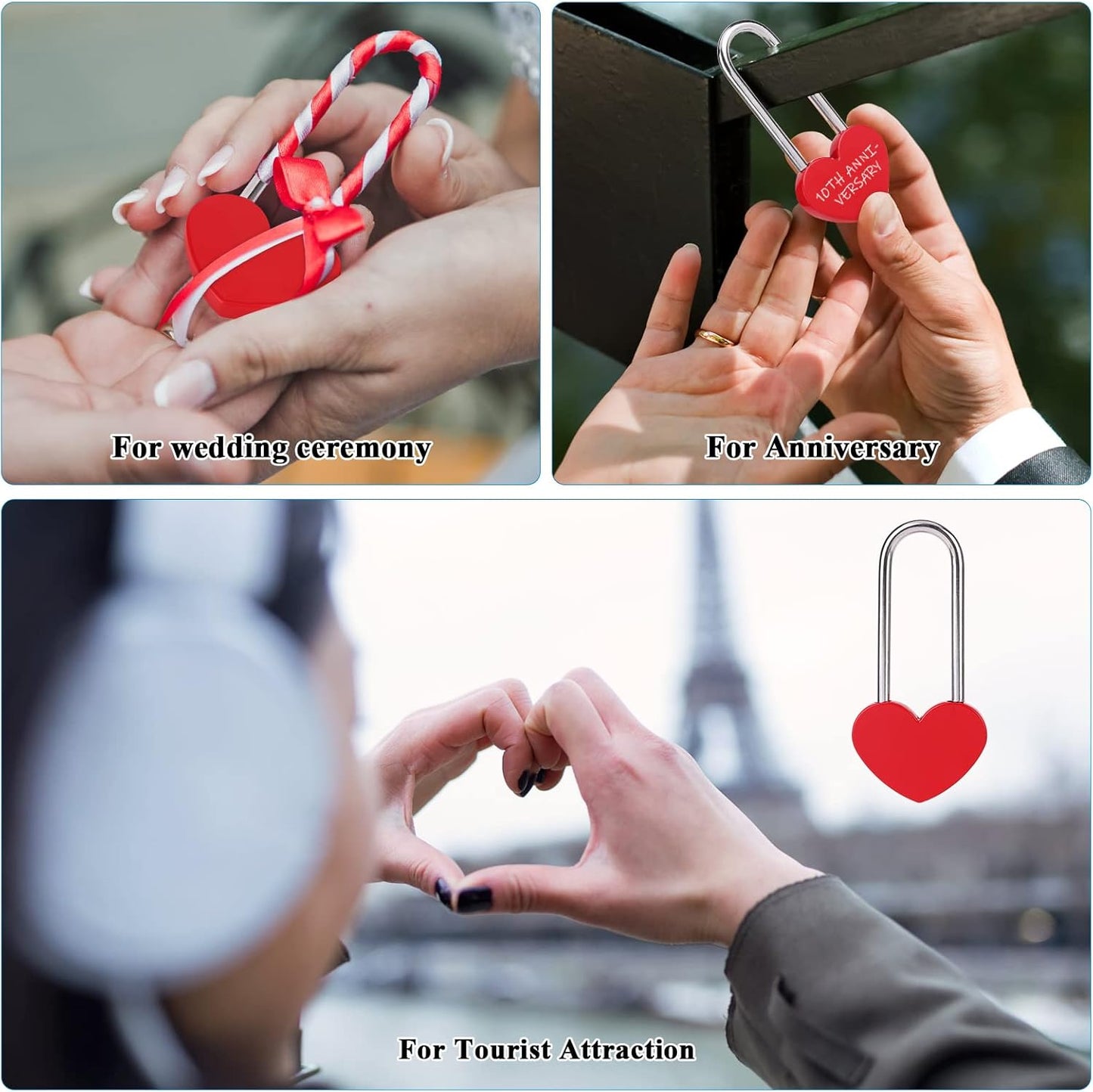 10PCS 3.5" 50mm Love Lock Heart Padlock,Red Single Heart Wish Lock for Lovers Wedding,Valentines,Anniversary,Travel(NO Key)