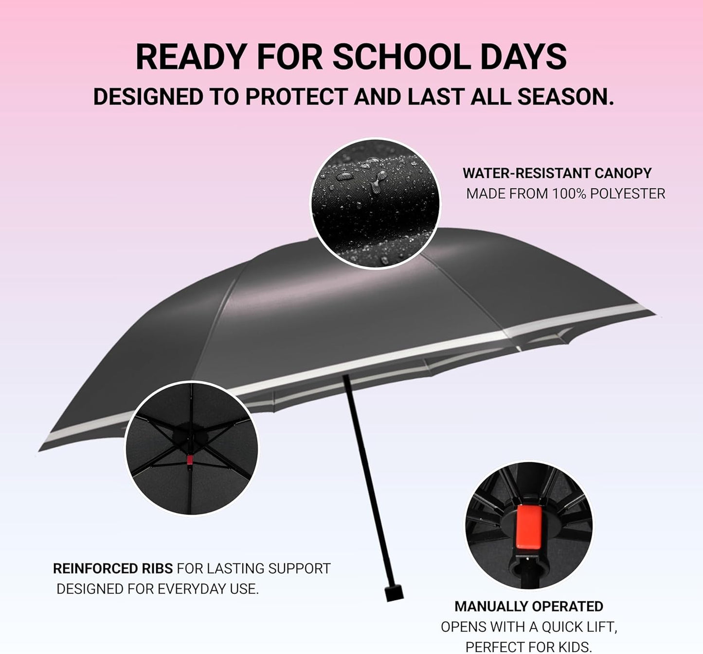 Knirps Rookie Manual Rain Umbrella for Elementary and Middle School Kids – 35.4" Canopy with Reflective Safety Stripe, Carrying Case Included