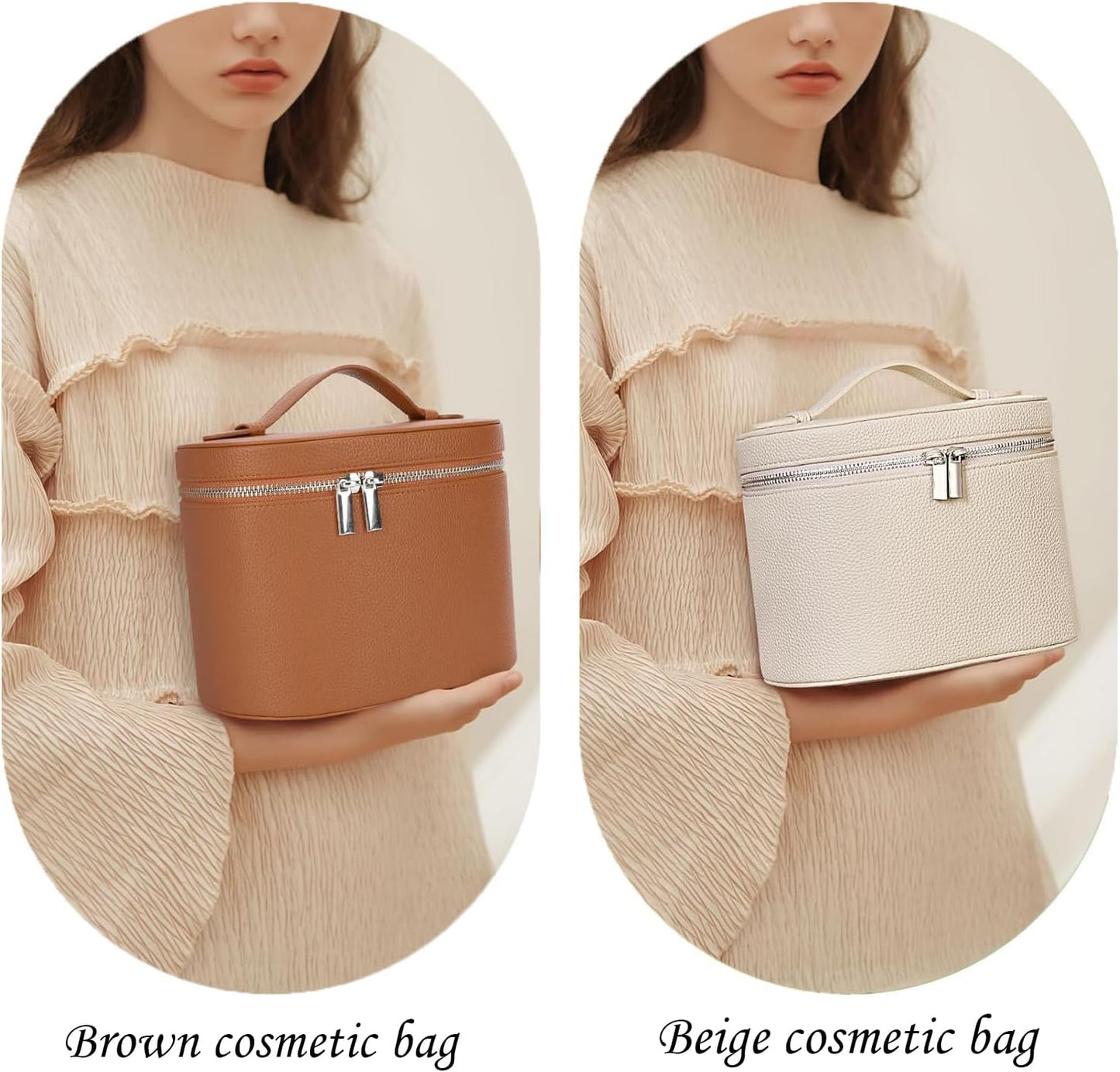 Leather Make Up Bags With Compartments, Brown travel Cosmetic Bags for Women, Parallel Makeup Travel Bags Organizer Equipped With a Detachable Divider (Beige)