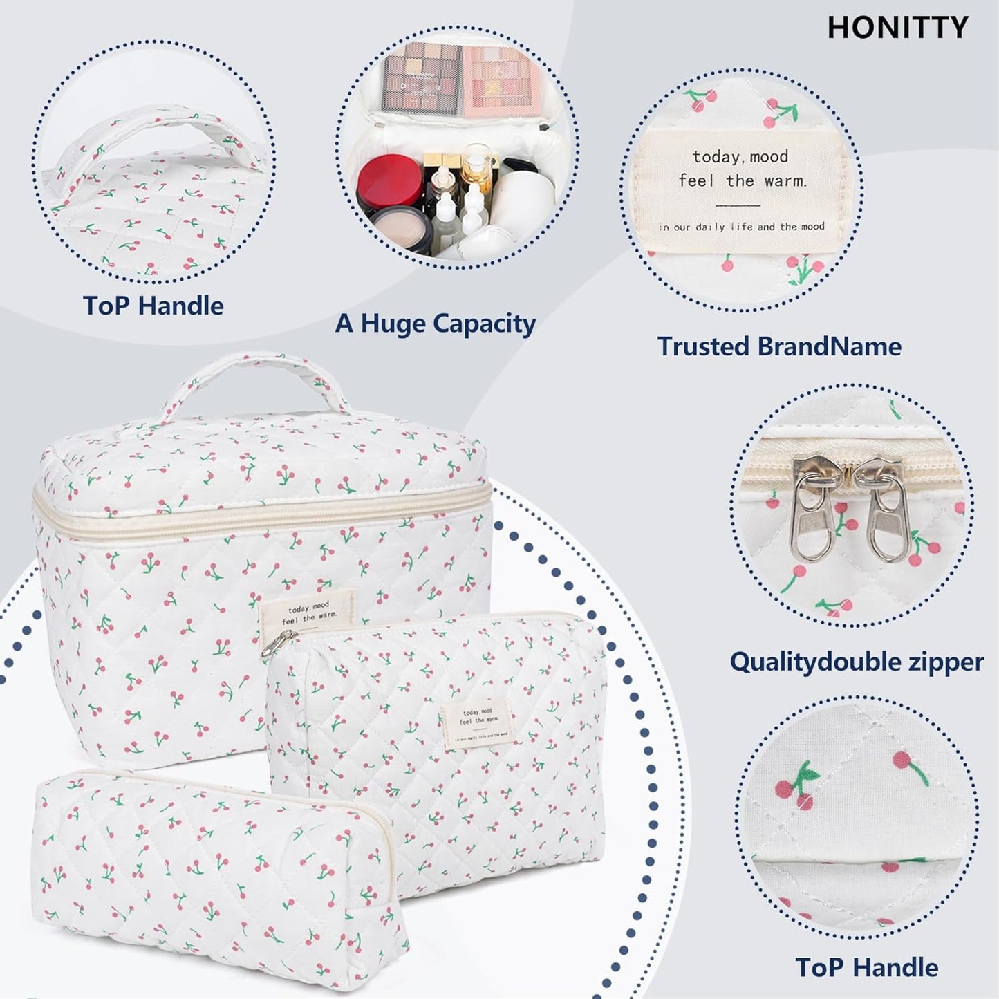 Makeup Bag,Quilted Cosmetic Bag,Large Floral Make Up Bag for Women,Cotton Makeup Bag Set,Flower Travel Toiletry Bag