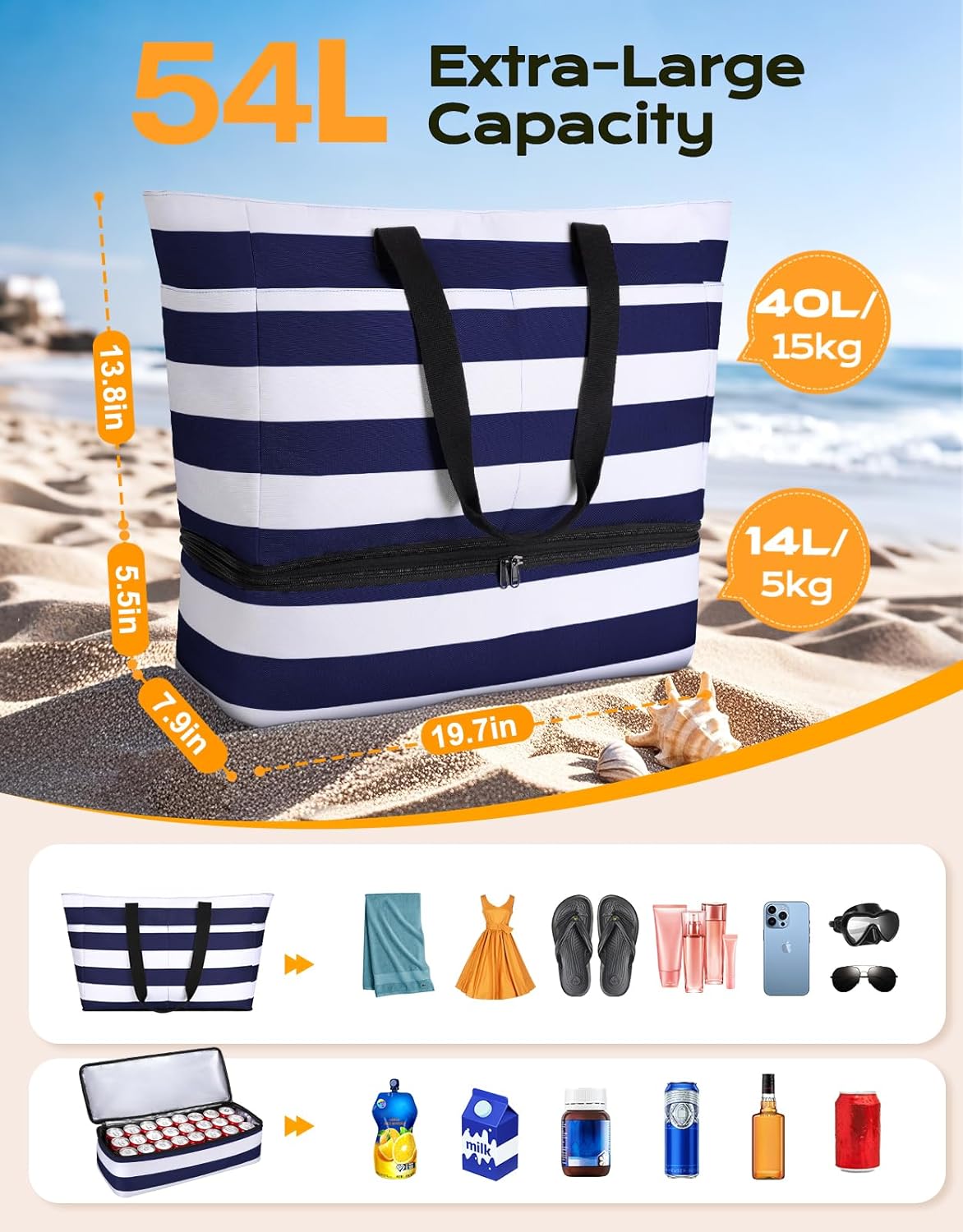 Beach Bag with Cooler, 54L Large Waterproof Sandproof Travel Tote Bag, Duffel Weekender Bag for Packing/Travel/Gym