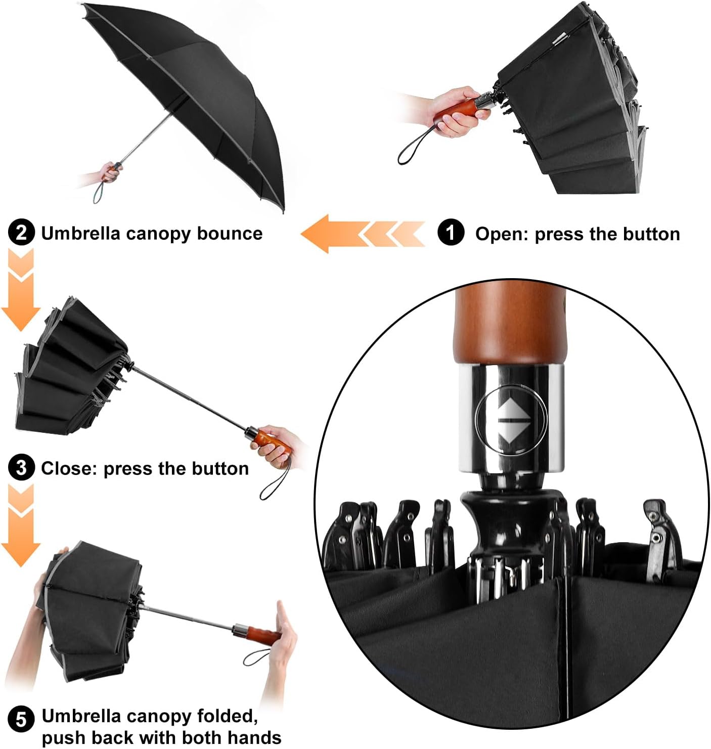 Lejorain Golf Large Inverted Umbrella - Black Big Windproof Heavy Duty Upside Down 46/50/54 Inch Compact Reverse Car Automatic Folding Reflective Umbrella