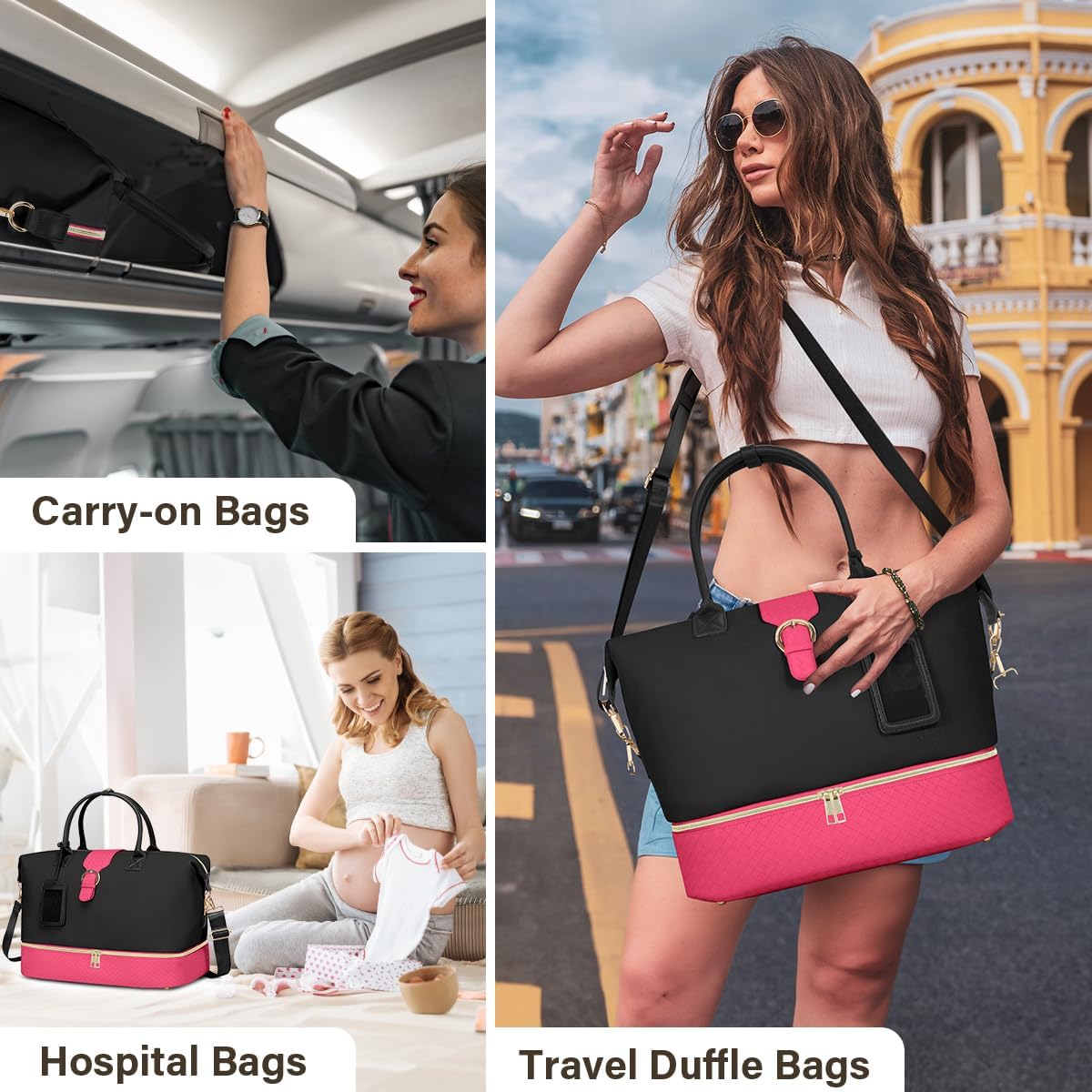 Leather Weekender Bags for Women, Travel Duffel Bag PU Overnight Bag Carry On Tote Bag with Shoe Compartment Wet Pocket