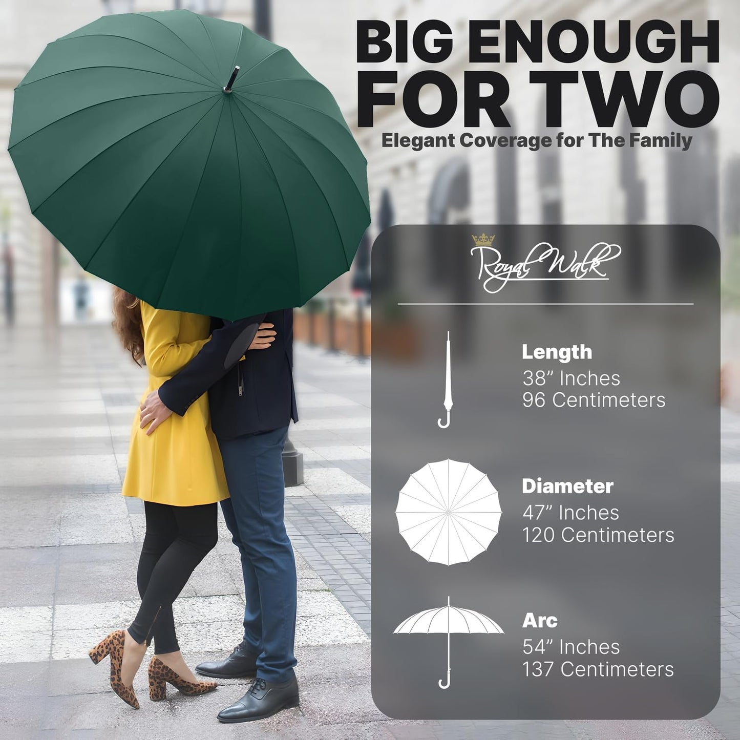 Royal Walk Windproof Large Umbrella for Rain 54 Inch Automatic Open for 2 Persons Wind Resistant Big Golf Umbrellas for Adult Men Women Classic Wooden Handle Fast Drying Strong 16 Ribs Travel 120cm