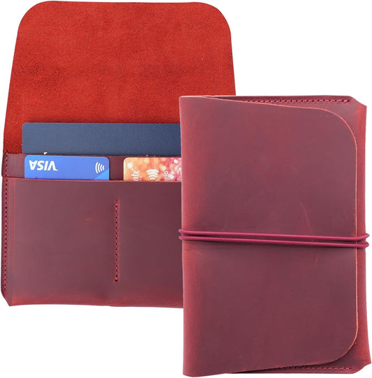 Leather Passport Holder with Travel Wallet, Genuine Leather Passport Cover- Passport Wallet, Leather Folding Wallet for Passports (Strap, Red)