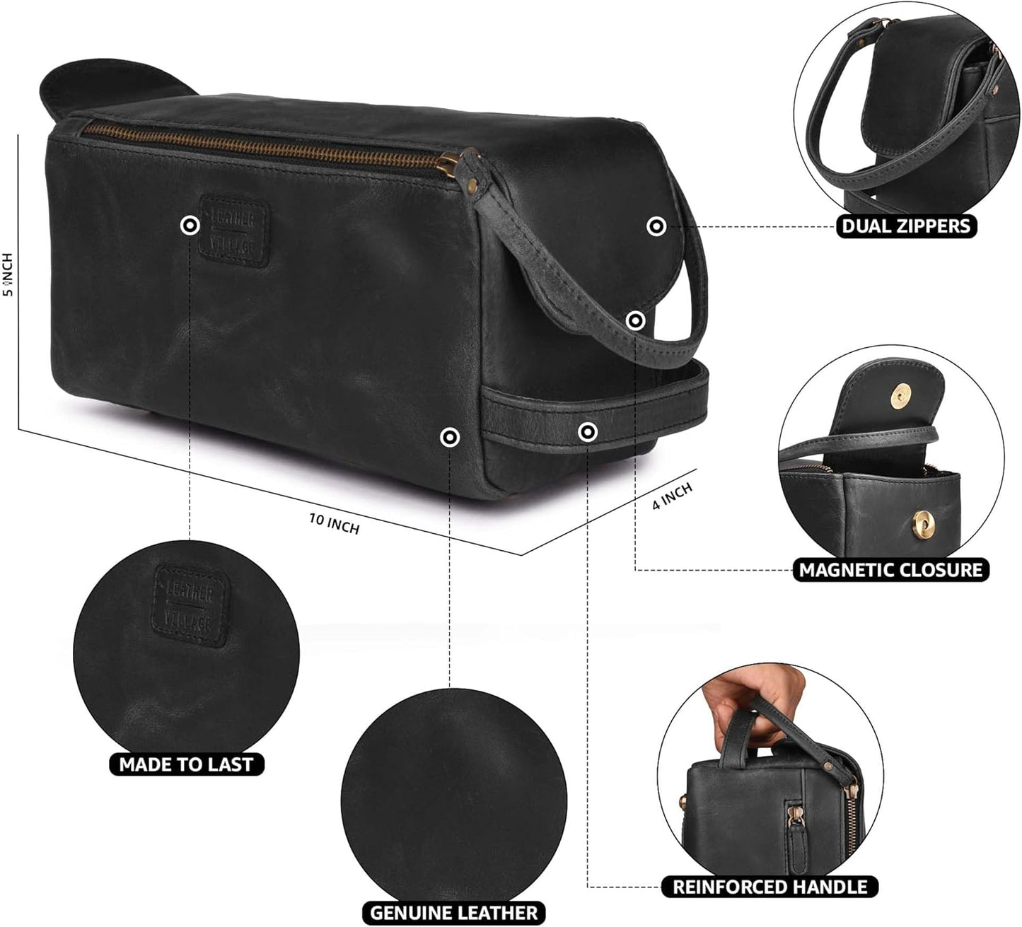 LEATHER VILLAGE Premium Leather Travel Toiletry Bag - Unisex Water-Resistant Travel Dopp Kit, Shaving & Cosmetic Organizer for Men & Women - Compact Bathroom Essentials - Distressed Black