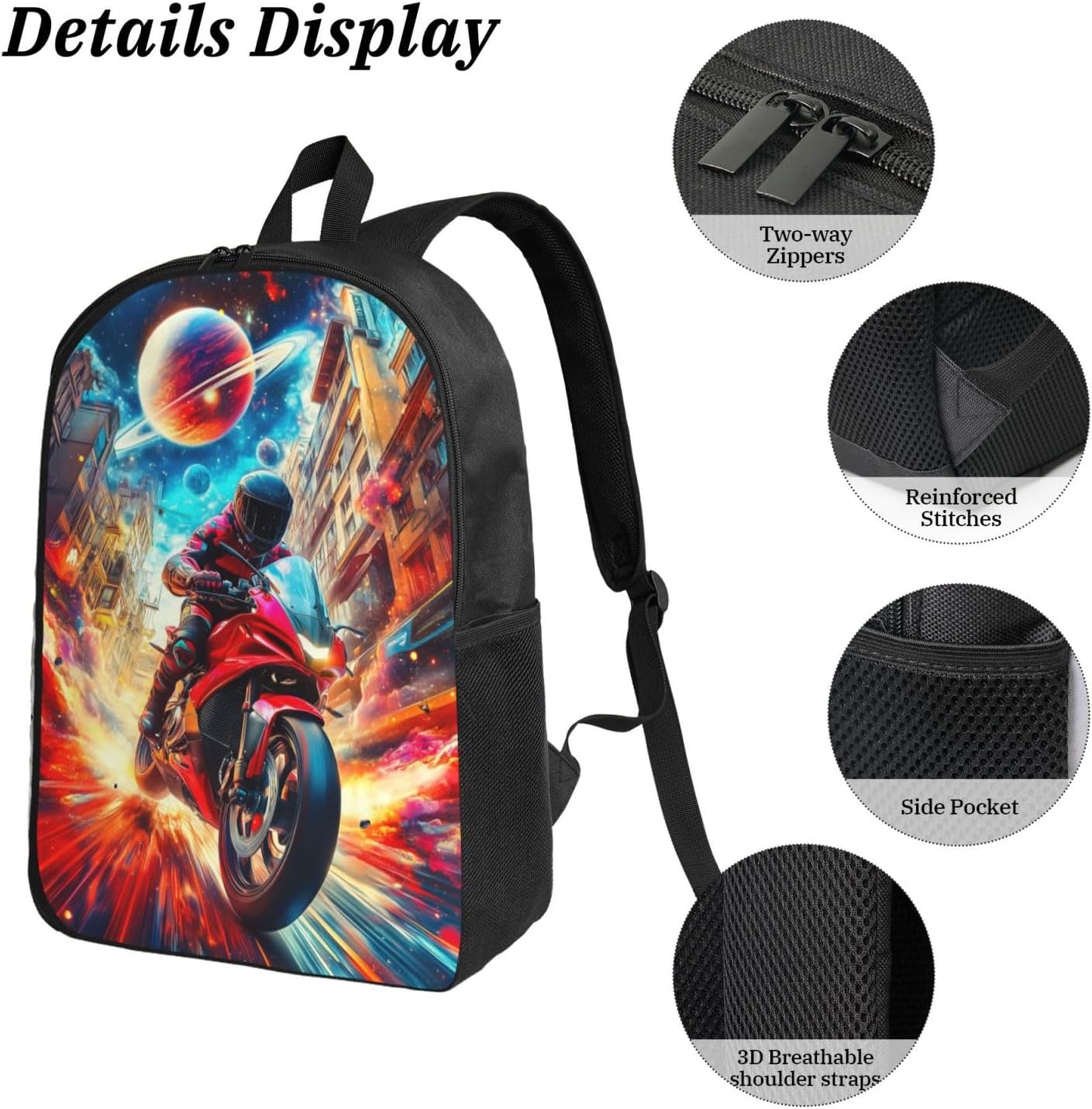 Motorcycle Kid Backpack Set with Lunch Bag & Pencil Case Large Capacity School Bag 17 Inch Bookbag for Boy Girl