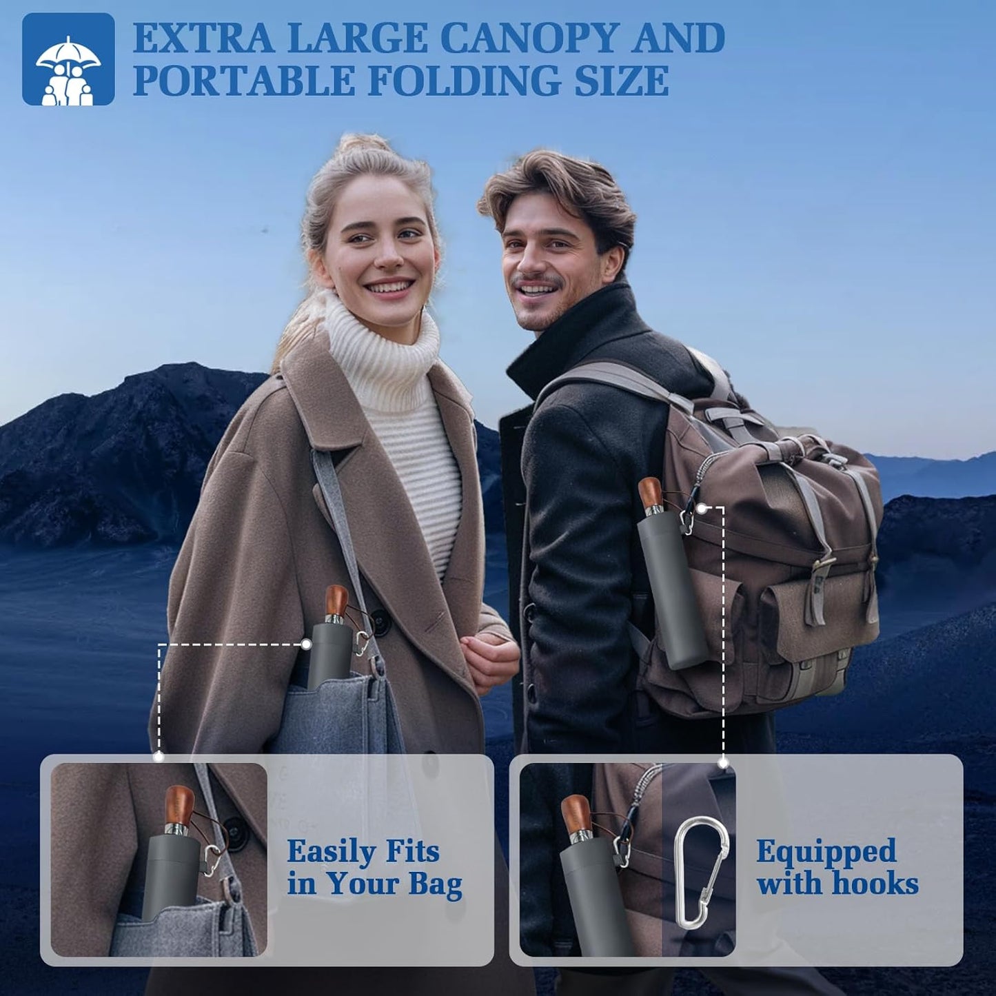 Umbrella Strong Windproof, Triple-Layer Canopy, 10 Fiberglass Ribs, Auto Open/Close, Wooden Handle, Sleeve with Anti-Loss Hook, Umbrellas for Travel & Commute & Daily Use & Gift