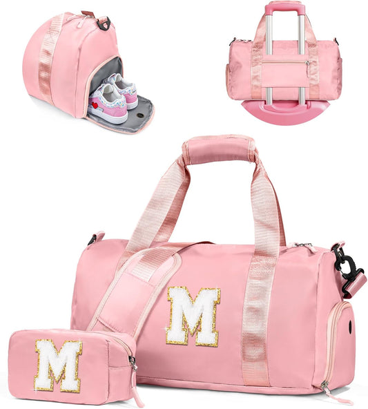 Gifts for 3 4 5 6 7 8 9 10 Year Old Girls-Girl Gym Bag with Shoe Compartment, Kid Personalized Weekender Dance Bags, Initial Travel Tote with Makeup Pouch, Gift Ideas for Kids (Letter M)