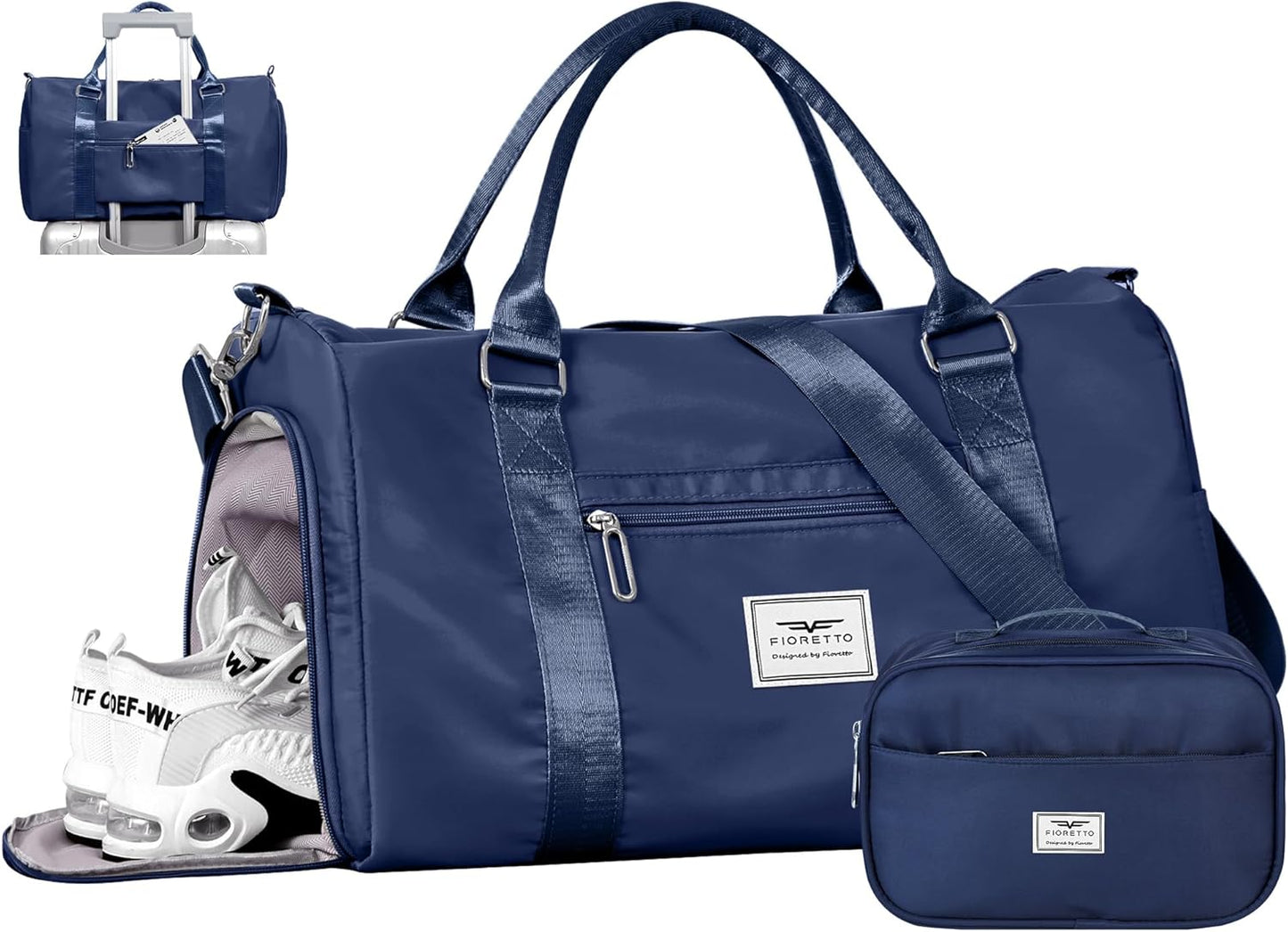 FIORETTO Womens Gym Tote Duffle Bag with Toiletry Bag, Sports Duffel Overnight Hospital Workout Carry on Bag for Girls with Wet Pocket & Shoe Compartment, Ideal for Travel, Swimming, Dance Navy Blue