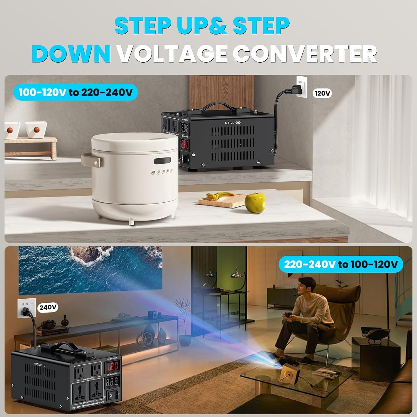 1000W Voltage Converter Transformer(110V to 220V or 220V to 110V) Step Up/Down Converter 110/120 Volt - 220/240 Volt w/US Power Cord,Circuit Breaker Protection, LCD Screen Display