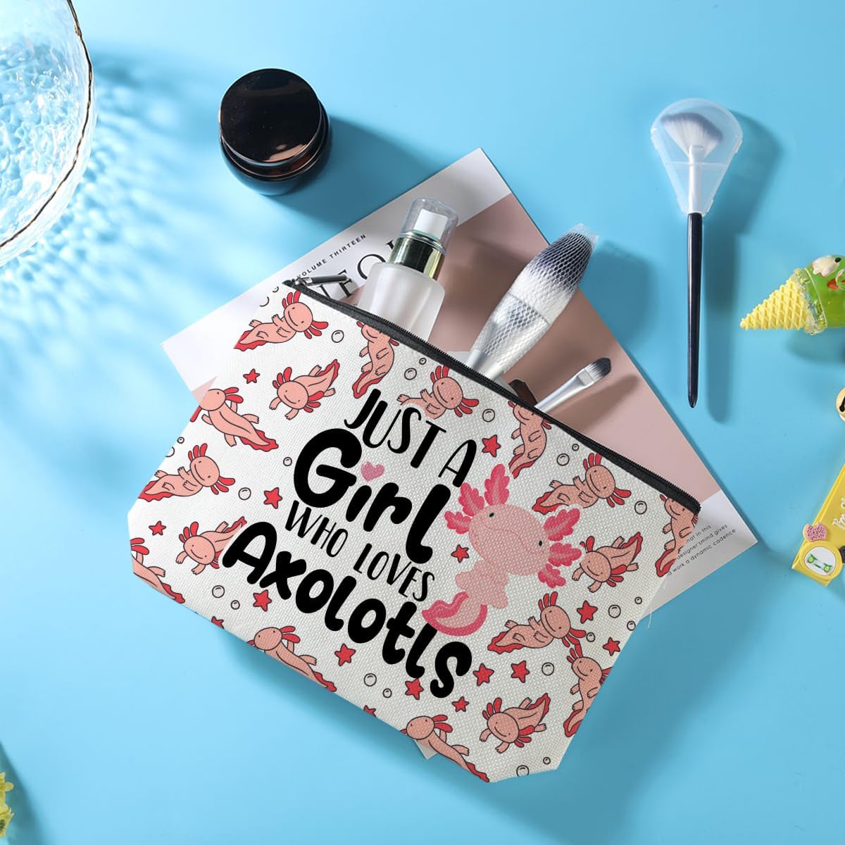 Pink Axolotl Makeup Bag, Axolotl Gifts, Axolotls Stuff, Animal Lover Gifts for Women Girl Friend Axolotls Lovers Graduation Friendship Birthday, Cosmetic Bag Travel Toiletry Bag