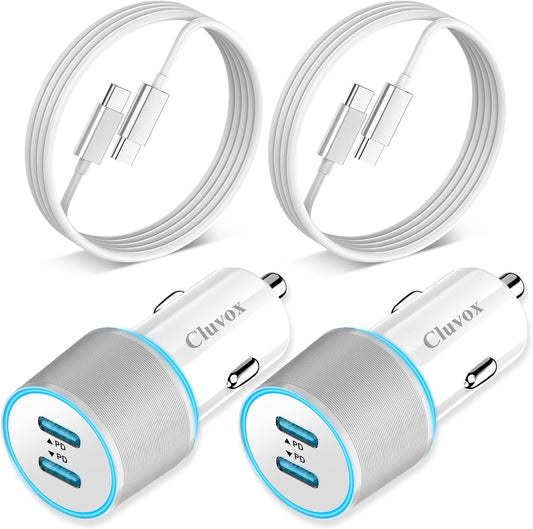 2 Pack 40W Fast USB C Car Charger Adapter for iPhone 17/16/15 Pro Max/Plus/Samsung Galaxy S25/S24 Ultra/S23 Car Phone Charger, Dual 20W PD Port Cigarette Lighter Adapter with 3.3FT Type C Cord-White