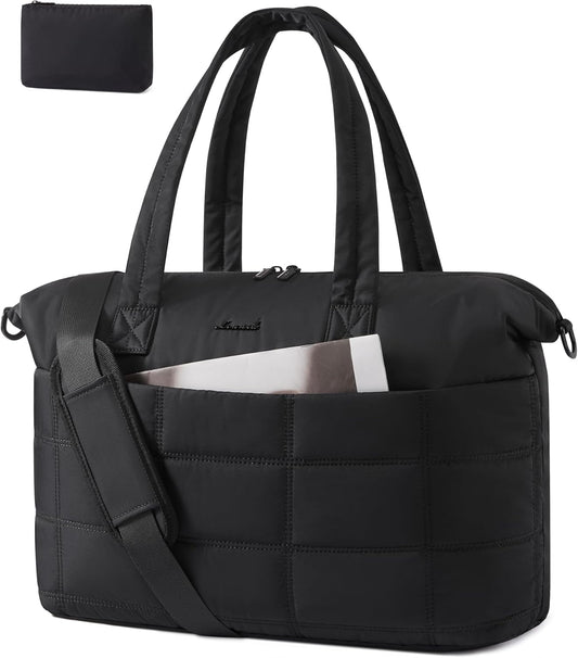 LOVEVOOK Quilted Duffle Bag for Travel,48L Gym Bag for Women with Wet Pocket,Water Resistant Weekender Overnight Bag Tote Bag for Women with Laptop Compartment(Black)