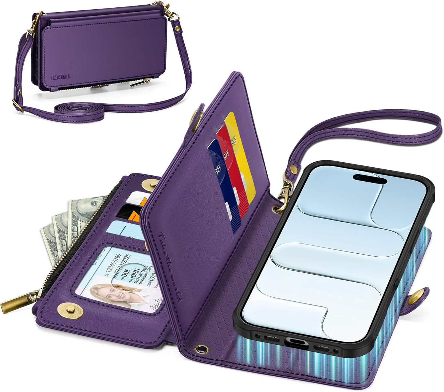 TUCCH Removable Crossbody Wallet Case for iPhone Air 6.5", RFID Blocking 9 Card Holders, Lanyard, Wrist Strap, Wireless Charging, Stand, Zipper Pocket, PU Leather, Magnetic Flip Cover, Deep Purple