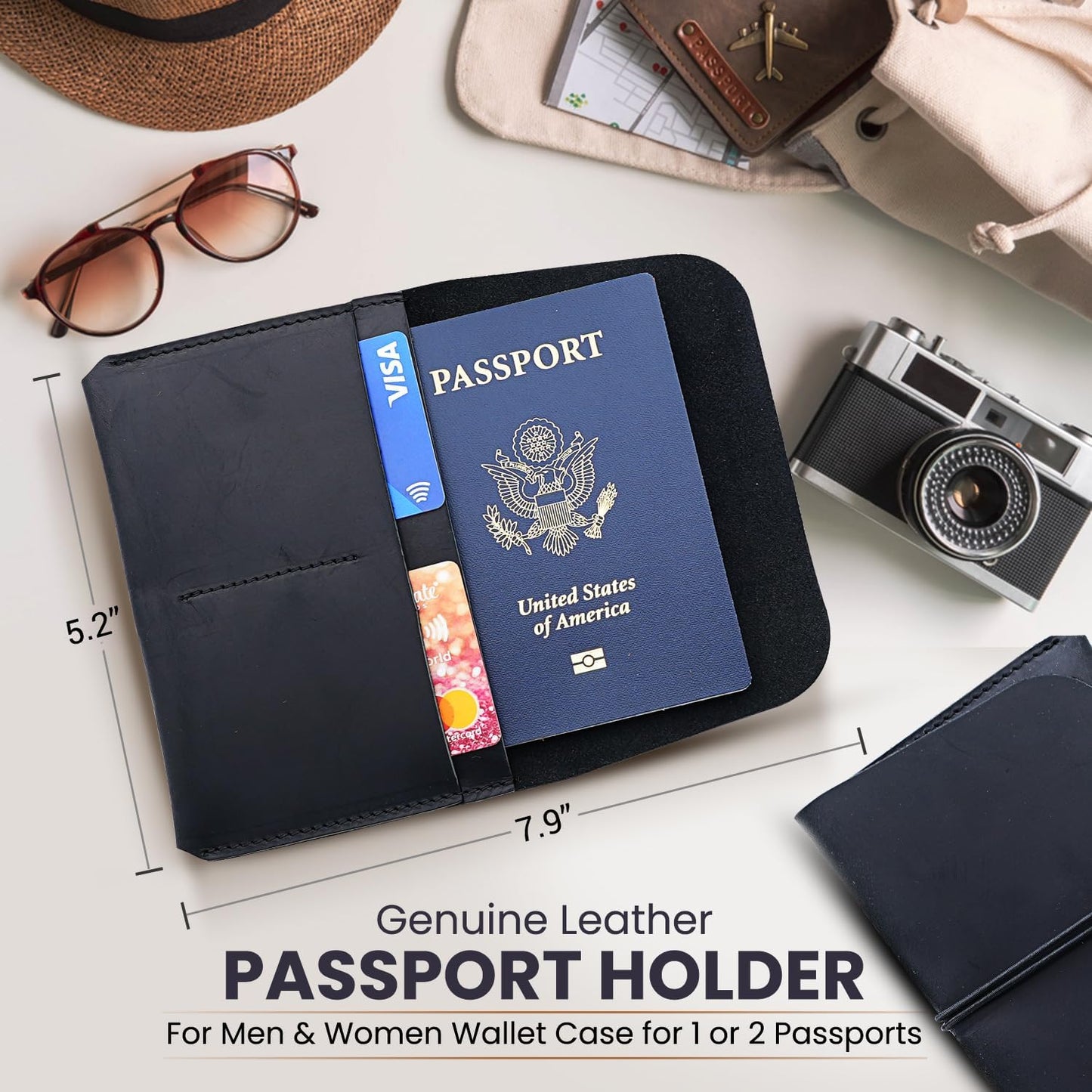Leather Passport Holder with Travel Wallet, Genuine Leather Passport Cover- Passport Wallet, Leather Folding Wallet for Passports (Strap, Black)