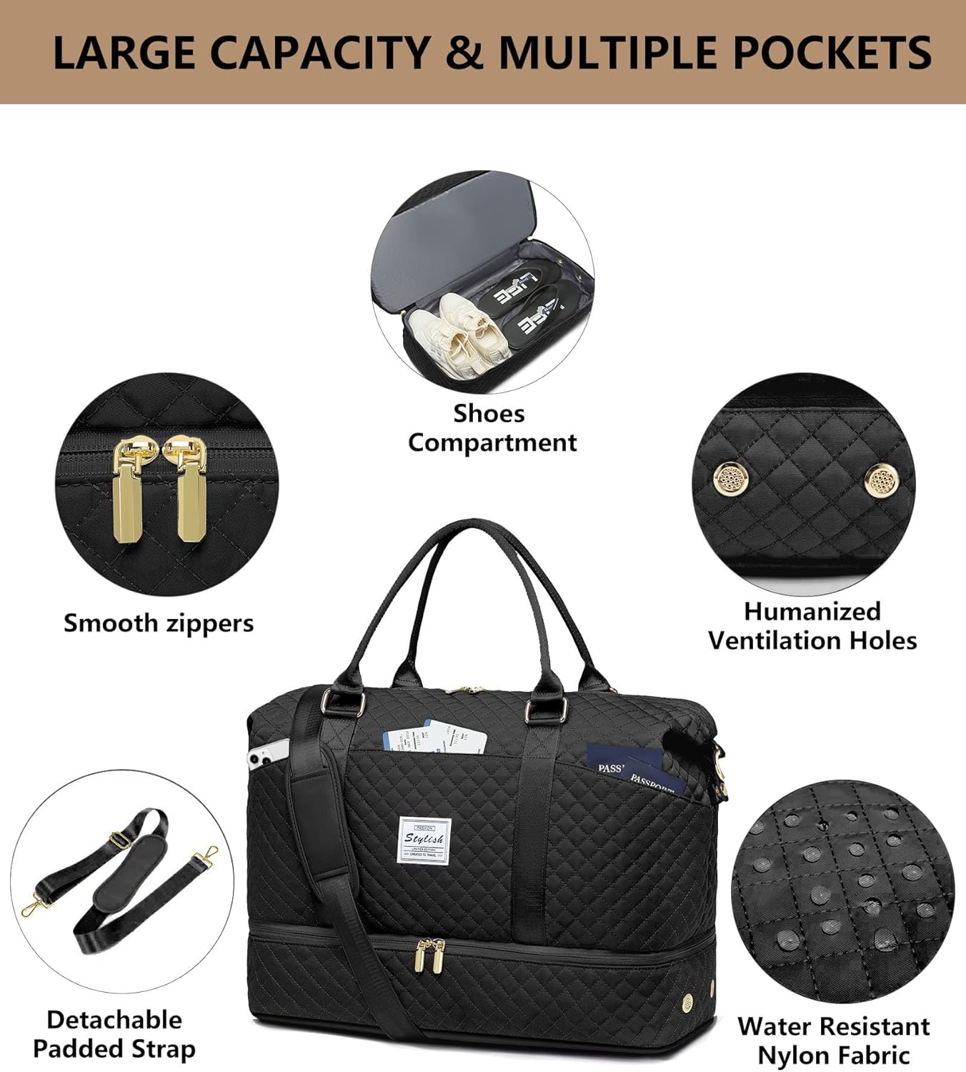 Large Women Travel Duffle Bag - Carry on Overnight Bags Weekend Travel Duffel Tote with Wet Pocket Weekender for Travel Business Trips Sports Hospital Black 3 Pcs Set