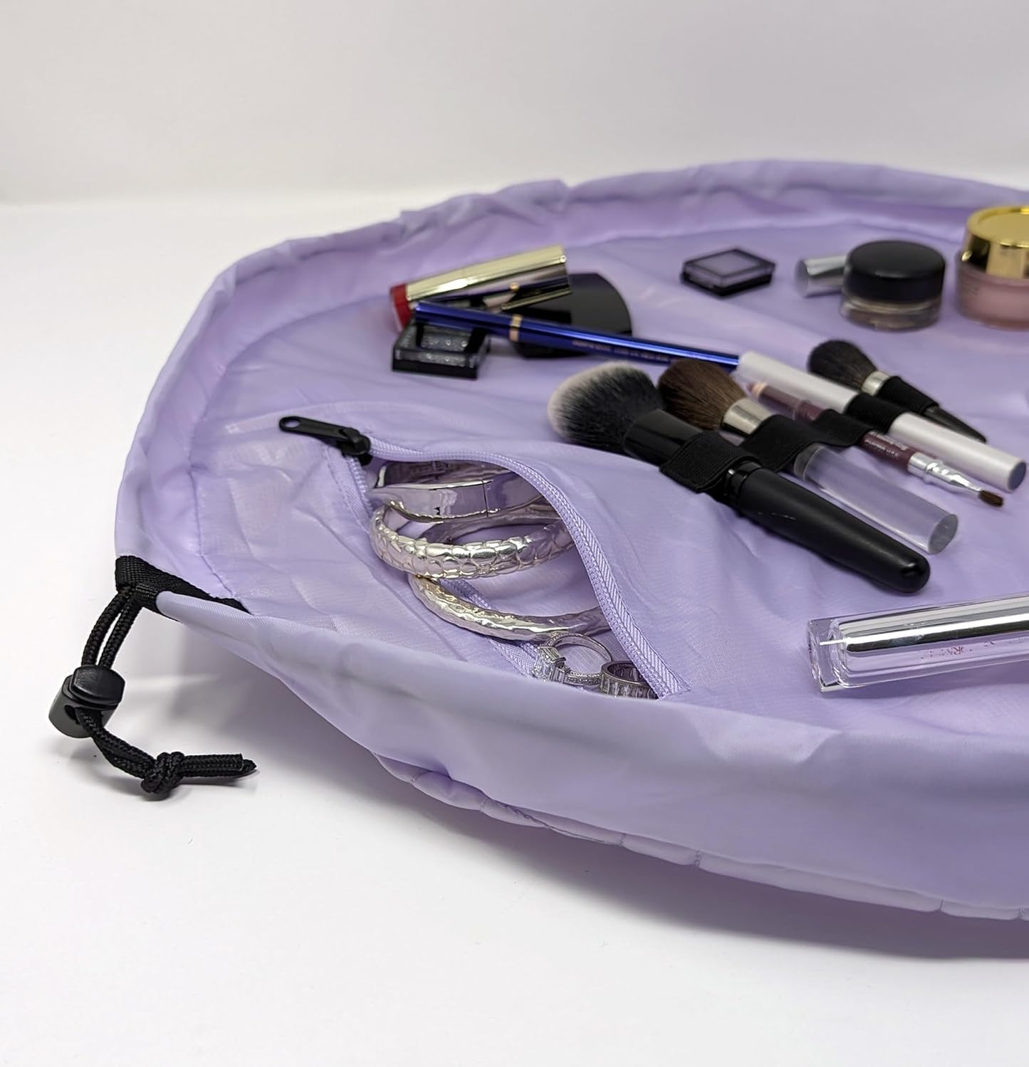 Lay-n-Go Cosmo Layflat Drawstring Cosmetic & Makeup Bag Organizer - Portable Drawstring Bag w/Zipper Pocket, Makeup Loops & More - Durable, Machine Washable Toiletry Bag for Travel (20", Quilted)