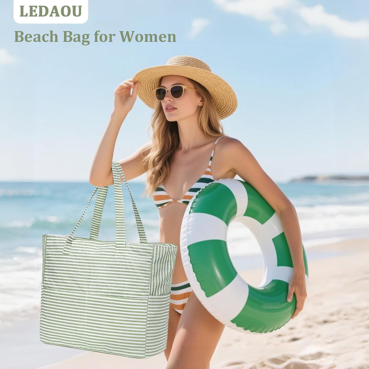 LEDAOU Large Beach Tote Bag Women Waterproof Sandproof Zipper Beach Tote Bag for Pool Gym Grocery Travel with Wet Pocket