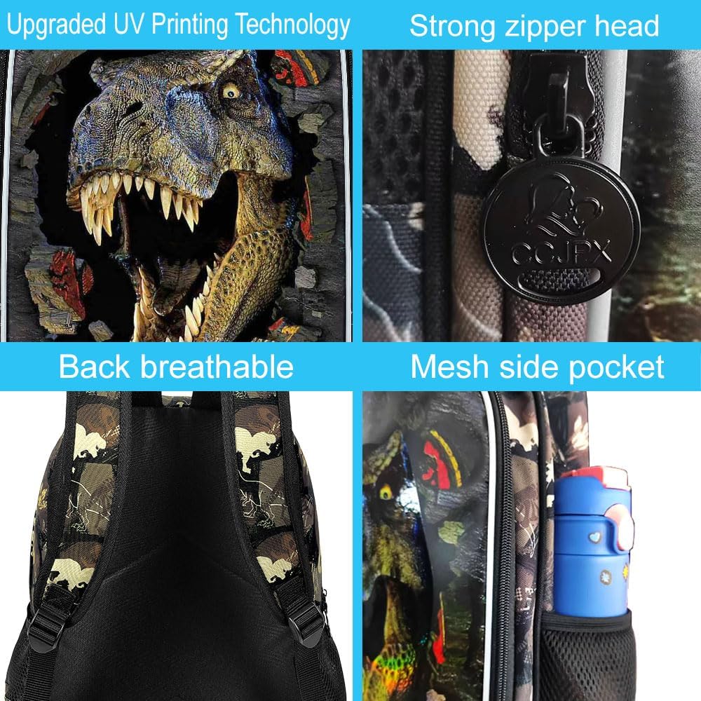 16" Boys Backpack, Dinosaur Kids Bookbag with Lunch Box, 3Pcs Dino School Backpacks for Elementary Preschool Kindergarten (Black)