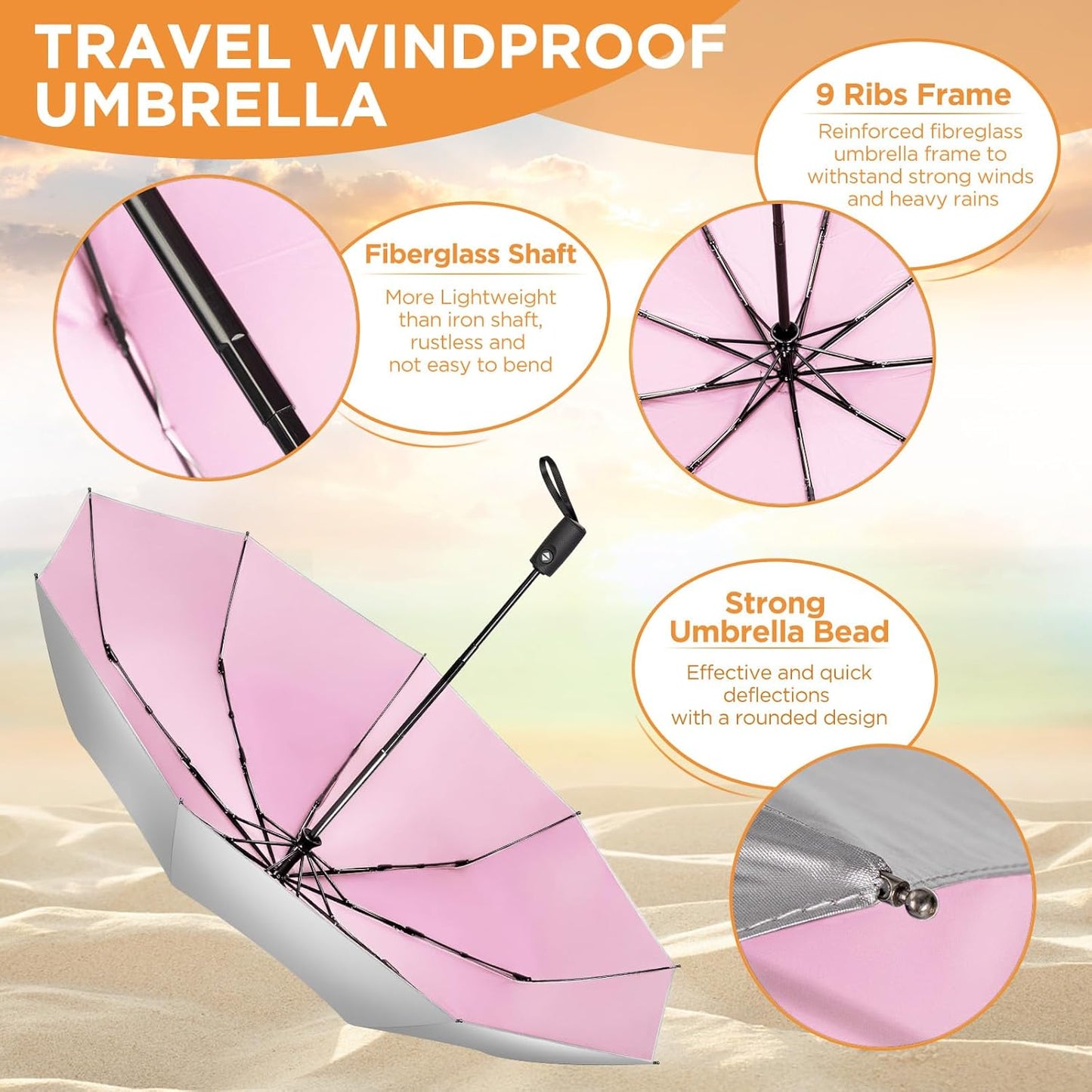NINEMAX UV Umbrella for Sun Protection UPF 50+, 46 Inch Travel Compact Sun Umbrellas UV Blocking Small Auto Open Personal Portable for Walking
