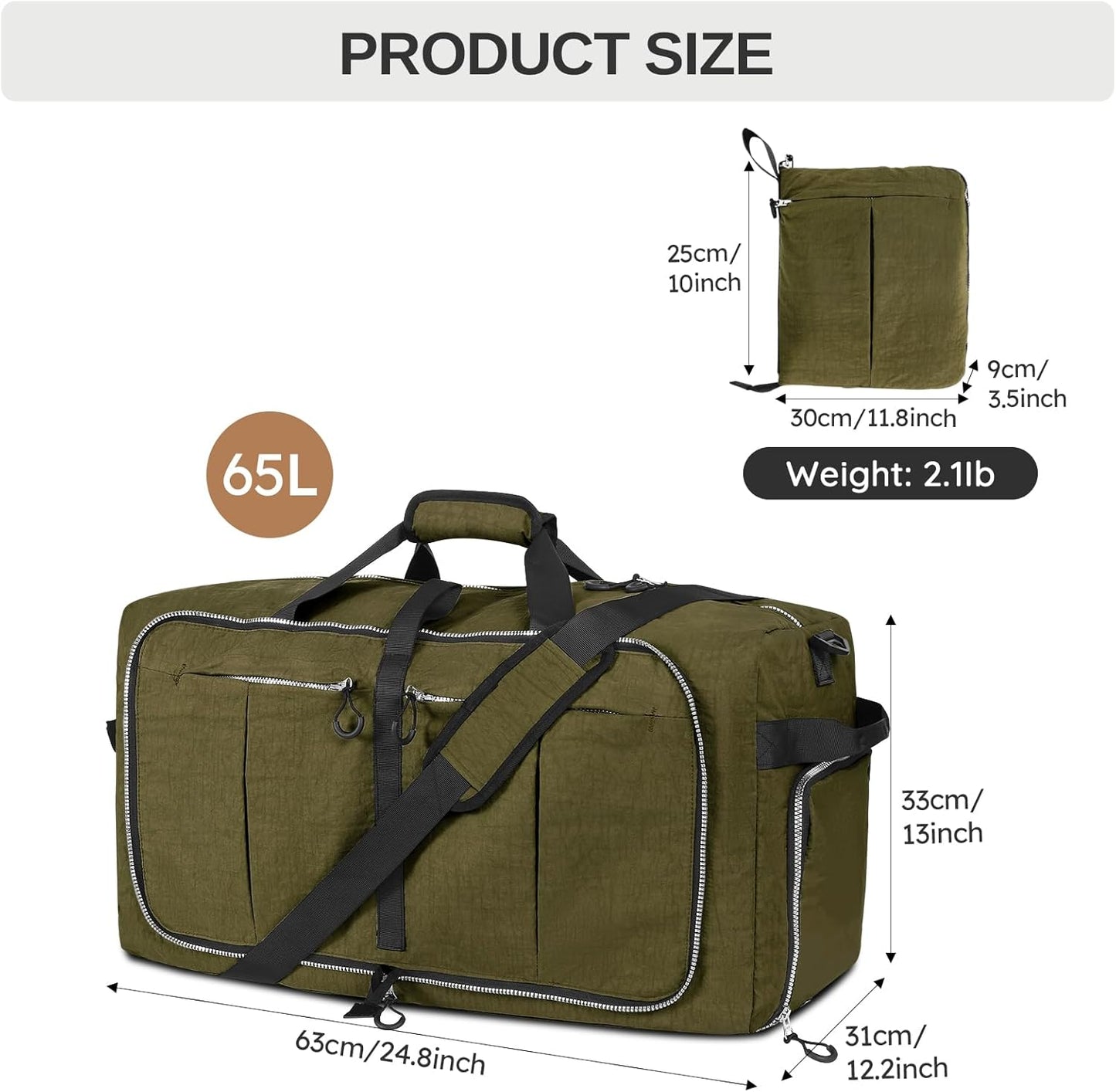 65L 25" Foldable Duffle Bag with Shoe Compartment,Lightweight Water Resistant Packable Travel Bag,Army Green