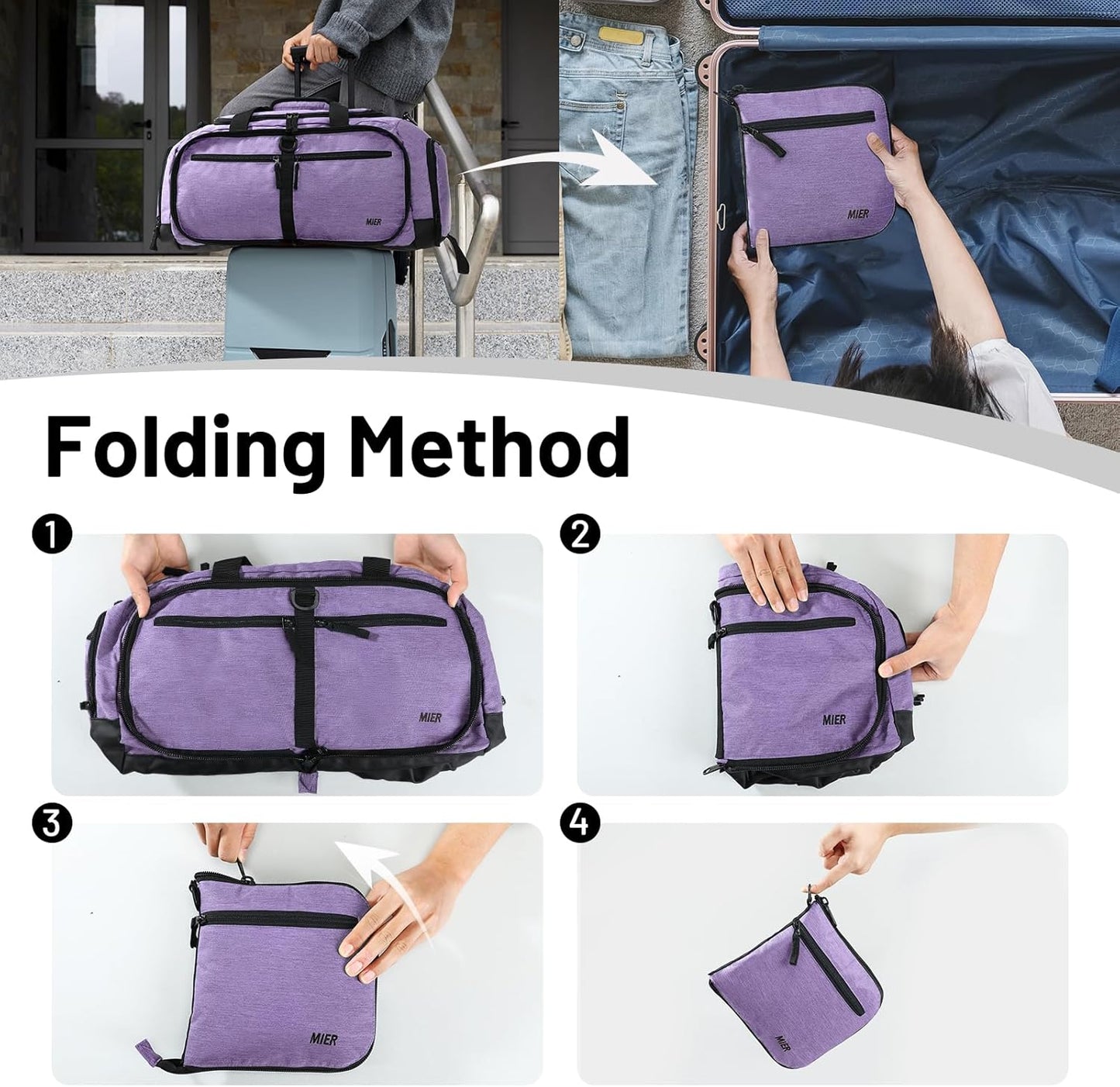 MIER Foldable Duffle Bag with Shoe Compartment 50L Travel Duffel Bags for Men Women Packable Overnight Bag for Camping Gym Weekender, Purple
