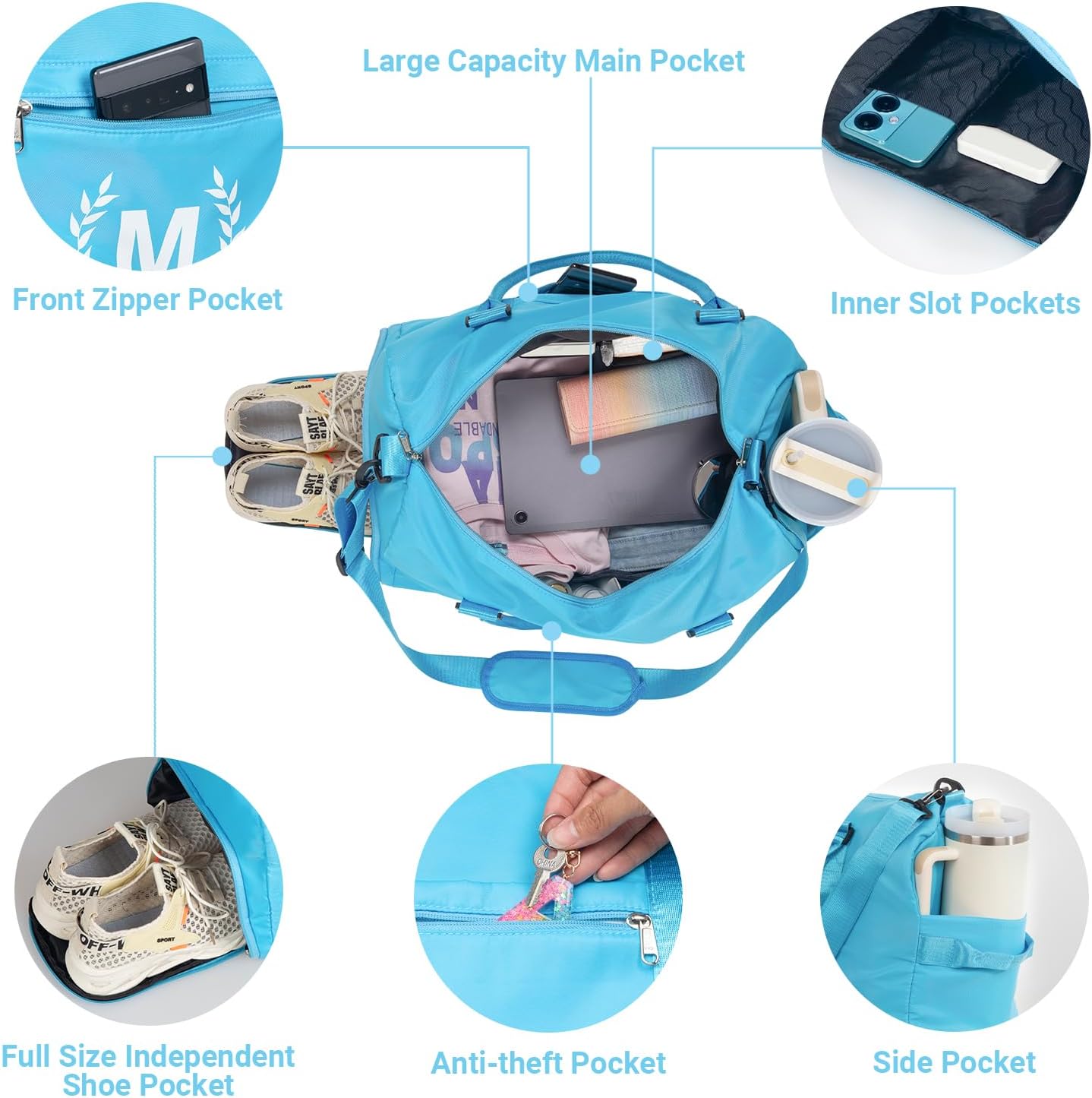 Gym Bag for Women, Personalized Duffle Bag with Shoe Compartment, Sports Bag for Yoga & Dance with Wet Pocket and Mat Strap(AquaBlue,I)