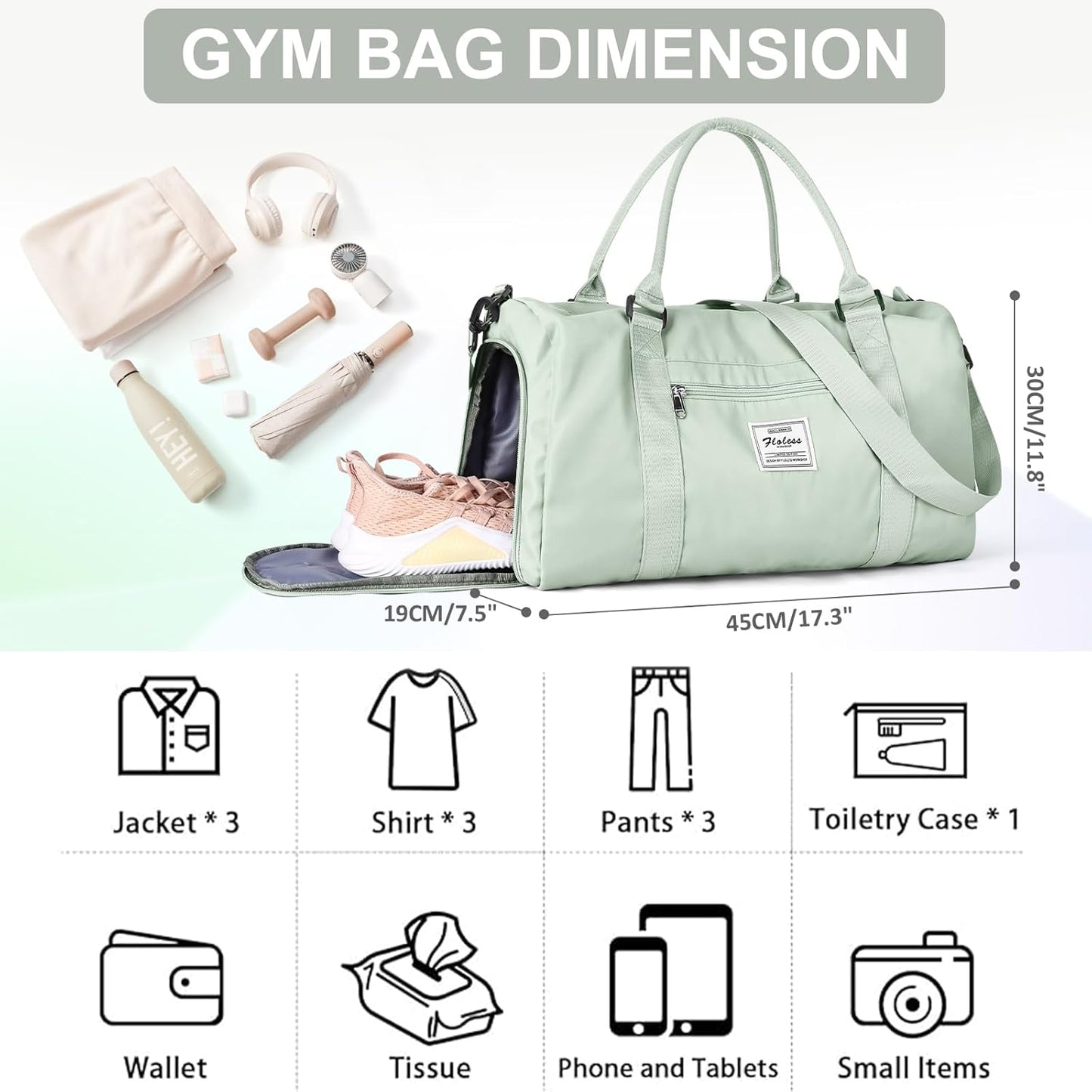 Gym Bag for Women Men with Shoes Compartment,Sports Duffle Bag Personal item travel Duffel Bags Tote Bag Small Carry on Weekender Overnight Bag Workout Dance Bag Hospital Holdalls Mint Green