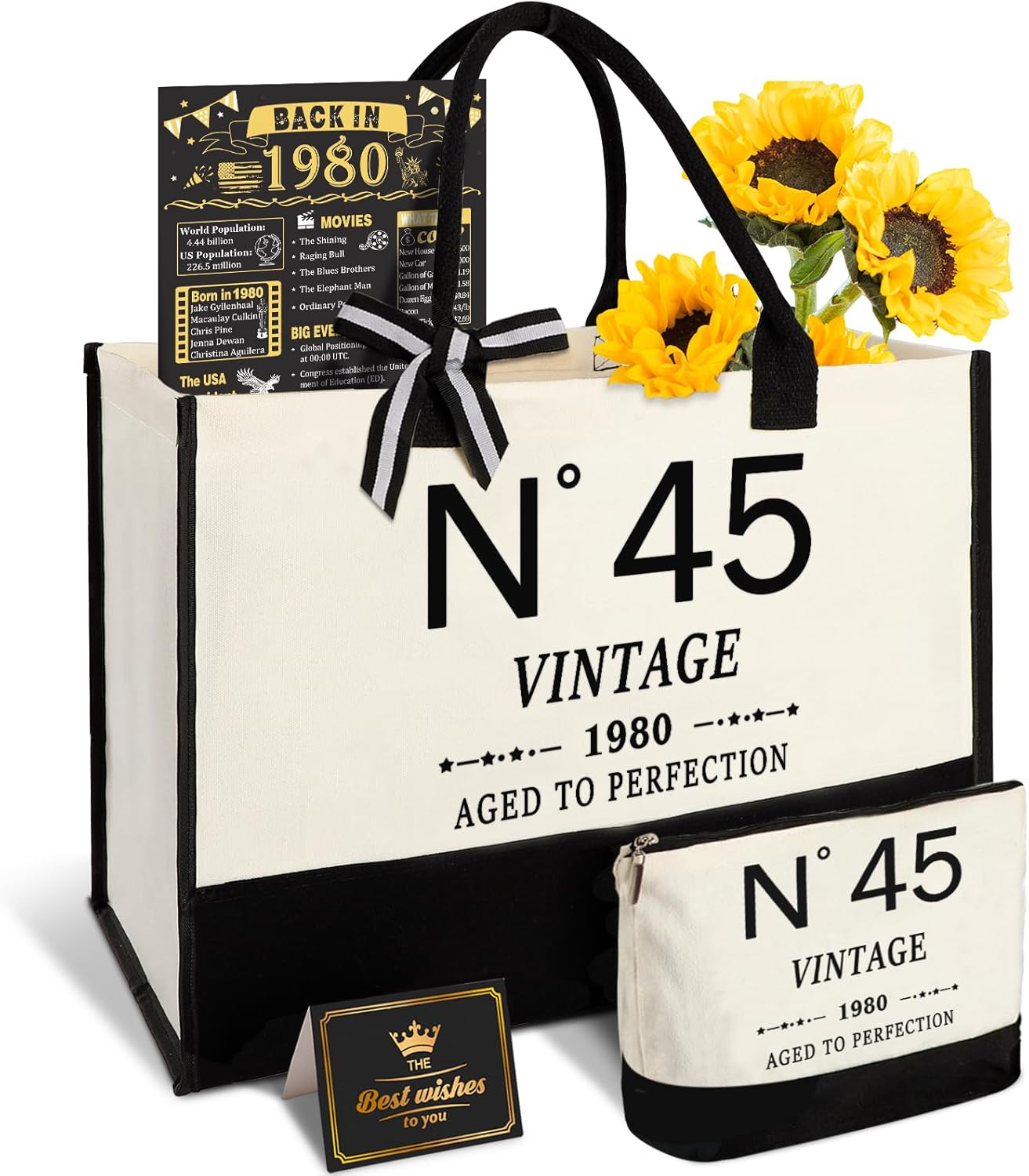 45th Birthday Gifts for Women Canvas Tote Bag Travel Gear,Unique 45 Years Old Gifts for Wife Mom Sister Aunt Friends Her, Vintage N°45 Handbag & Cosmetic Bag & Back in 1980 Poster
