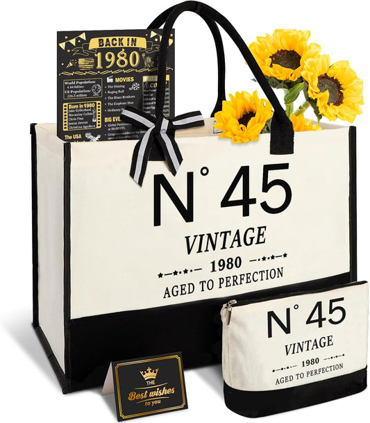 45th Birthday Gifts for Women Canvas Tote Bag Travel Gear,Unique 45 Years Old Gifts for Wife Mom Sister Aunt Friends Her, Vintage N°45 Handbag & Cosmetic Bag & Back in 1980 Poster
