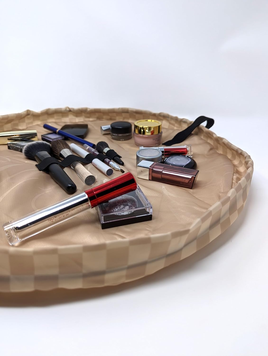 Lay-n-Go Cosmo Layflat Drawstring Cosmetic & Makeup Bag Organizer - Portable Drawstring Bag w/Zipper Pocket, Makeup Loops & More - Durable, Machine Washable Toiletry Bag for Travel (20", Checked)