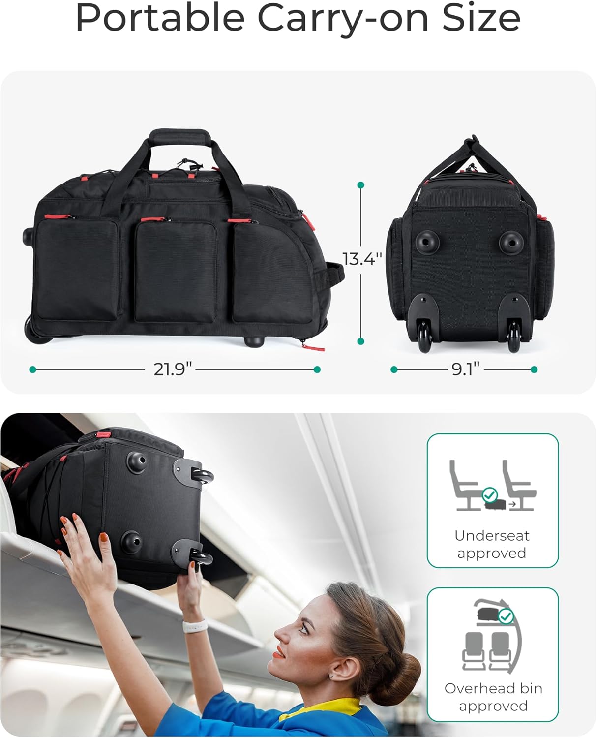 BAGSMART Rolling Duffle Bag with Wheels, 36L Travel Bag with Water-proof Pockets, Airline-Approved Carry On Duffel Bag with Handle, Black