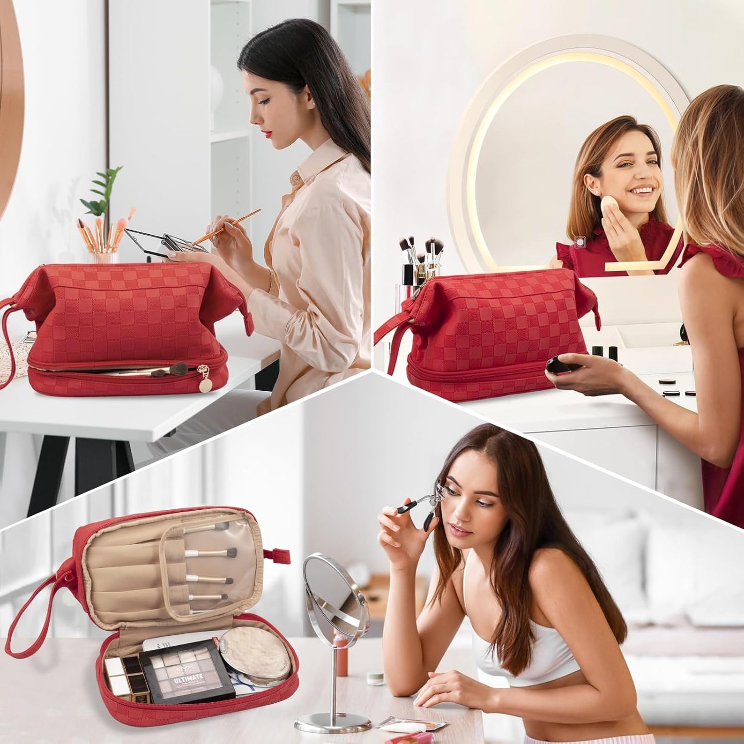 Abiudeng Large Capacity Makeup Bag Ladies Cosmetic Bag Travel Bag with Compartments Portable PU Leather Travel Makeup Bag with Handle