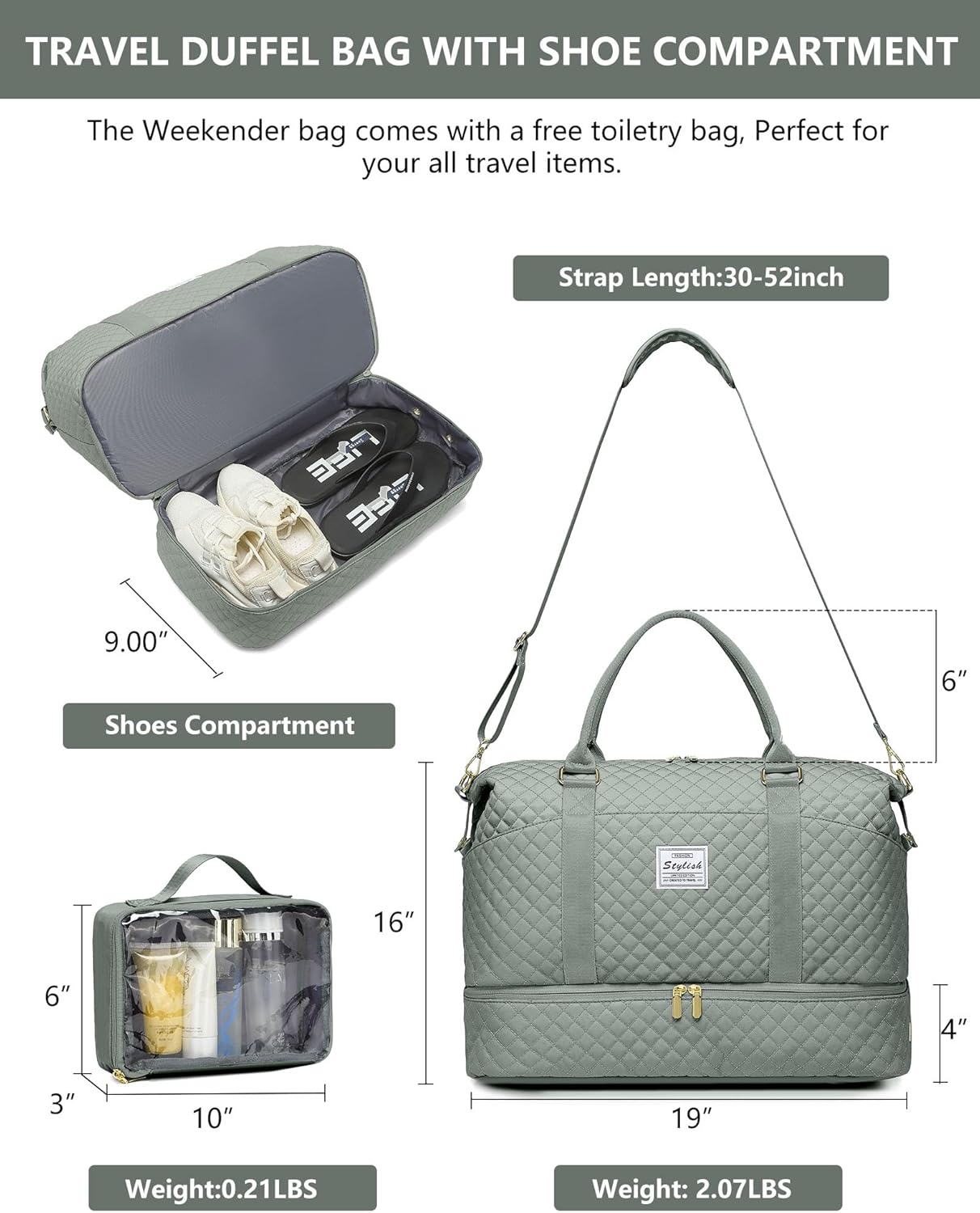 Weekender Bags for Women Duffle Bag - Travel Duffel Bag with Shoe Compartmen Carry on Overnight Bag with Toiletry Bag Gym Tote Bag with Wet Pocket Hospital Bags for Labor and Delivery Green