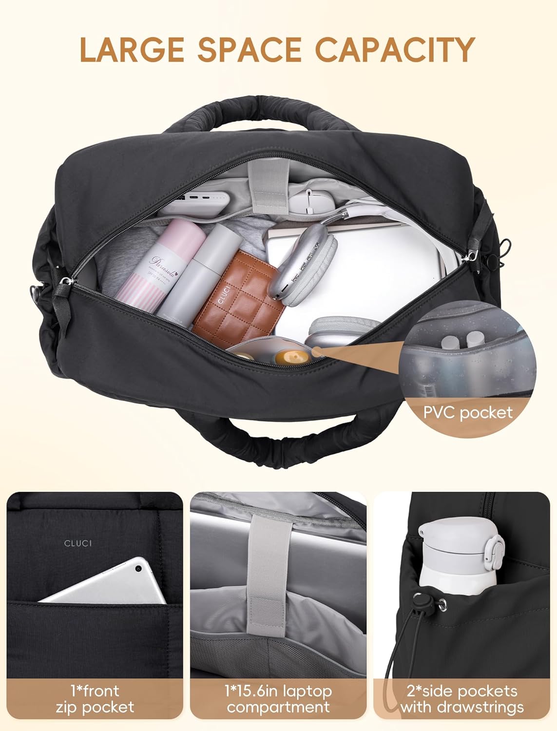CLUCI Weekender Travel Bag for Women Puffer Tote Bag Carry On Duffle Overnight Bags with Shoe Compartment