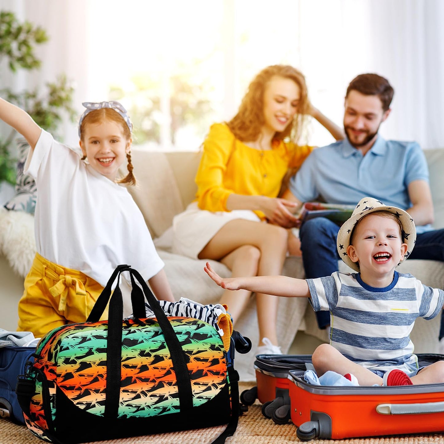 Choco Mocha Kids Shark Duffle Bag for Boys - Travel, Overnight, Gym, Sports & Sleepover Bag - 6-8 Years Gift