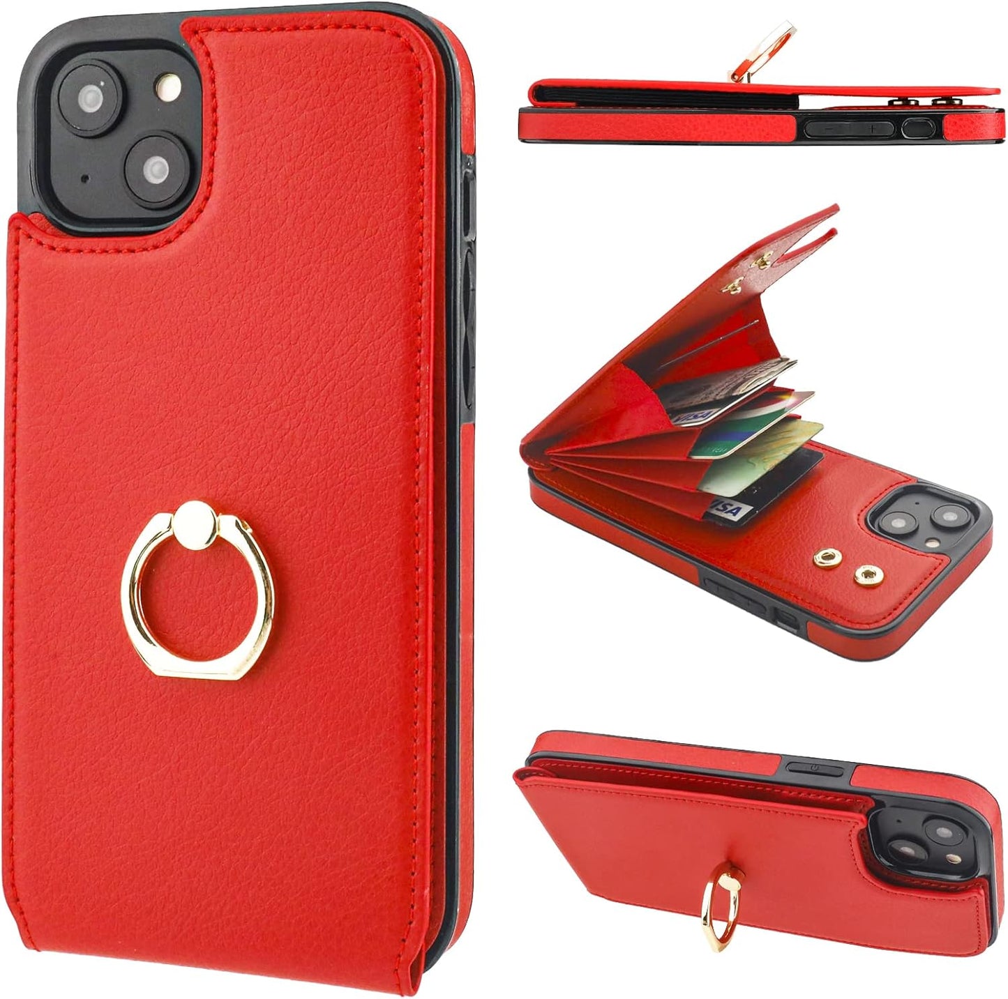 Folosu Compatible with iPhone 14 Plus Case Wallet with Card Holder, 360°Rotation Finger Ring Holder Kickstand, RFID Blocking Leather Protective Double Buttons Shockproof Cover 6.7 Inch Red