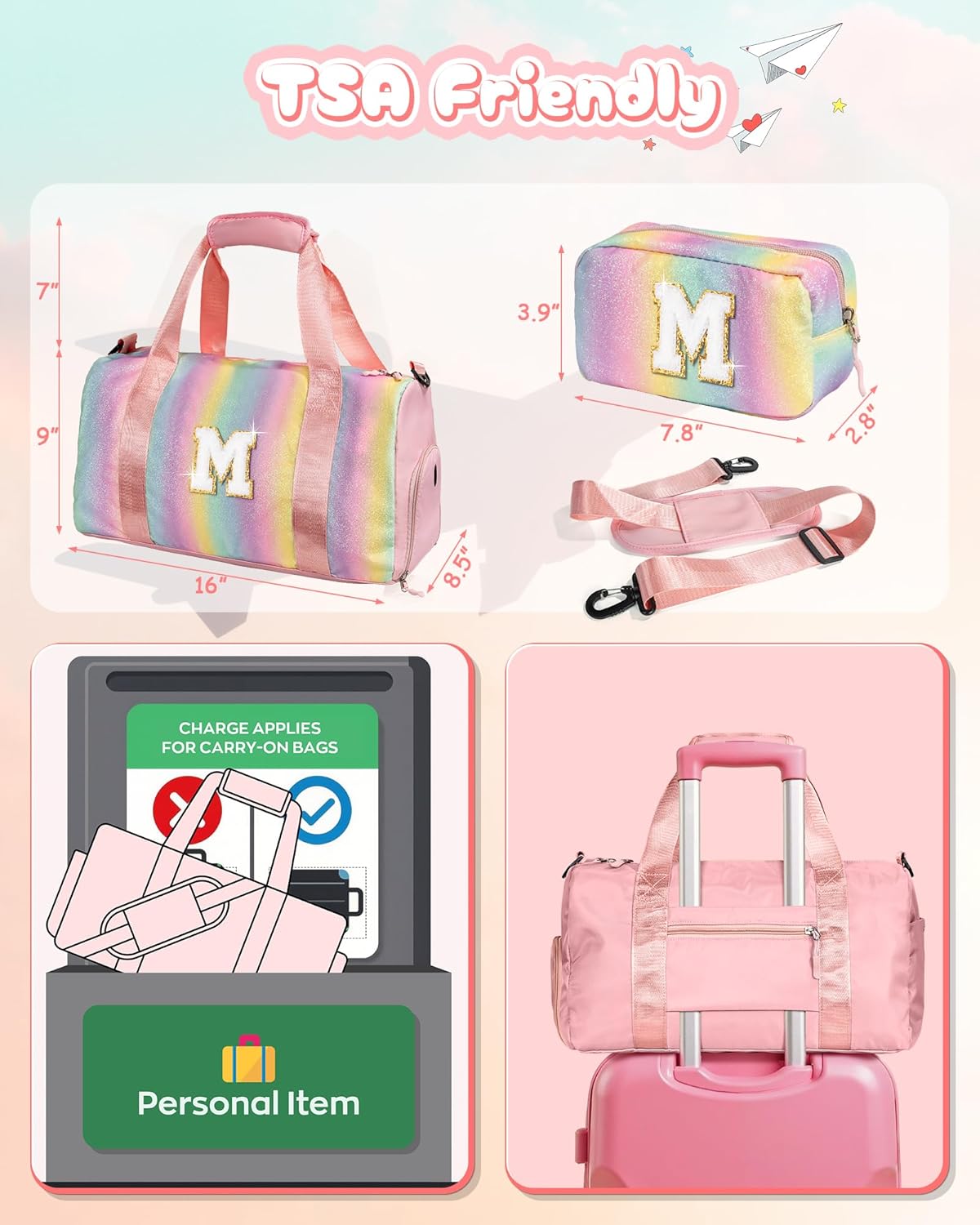 Christmas Gifts for Girls-Girl Gym Bag with Shoe Compartment, Kid Personalized Weekender Overnight Bags, Initial Travel Tote with Makeup Pouch, Gift for 3 4 5 6 7 Year Old Kids (Letter T)