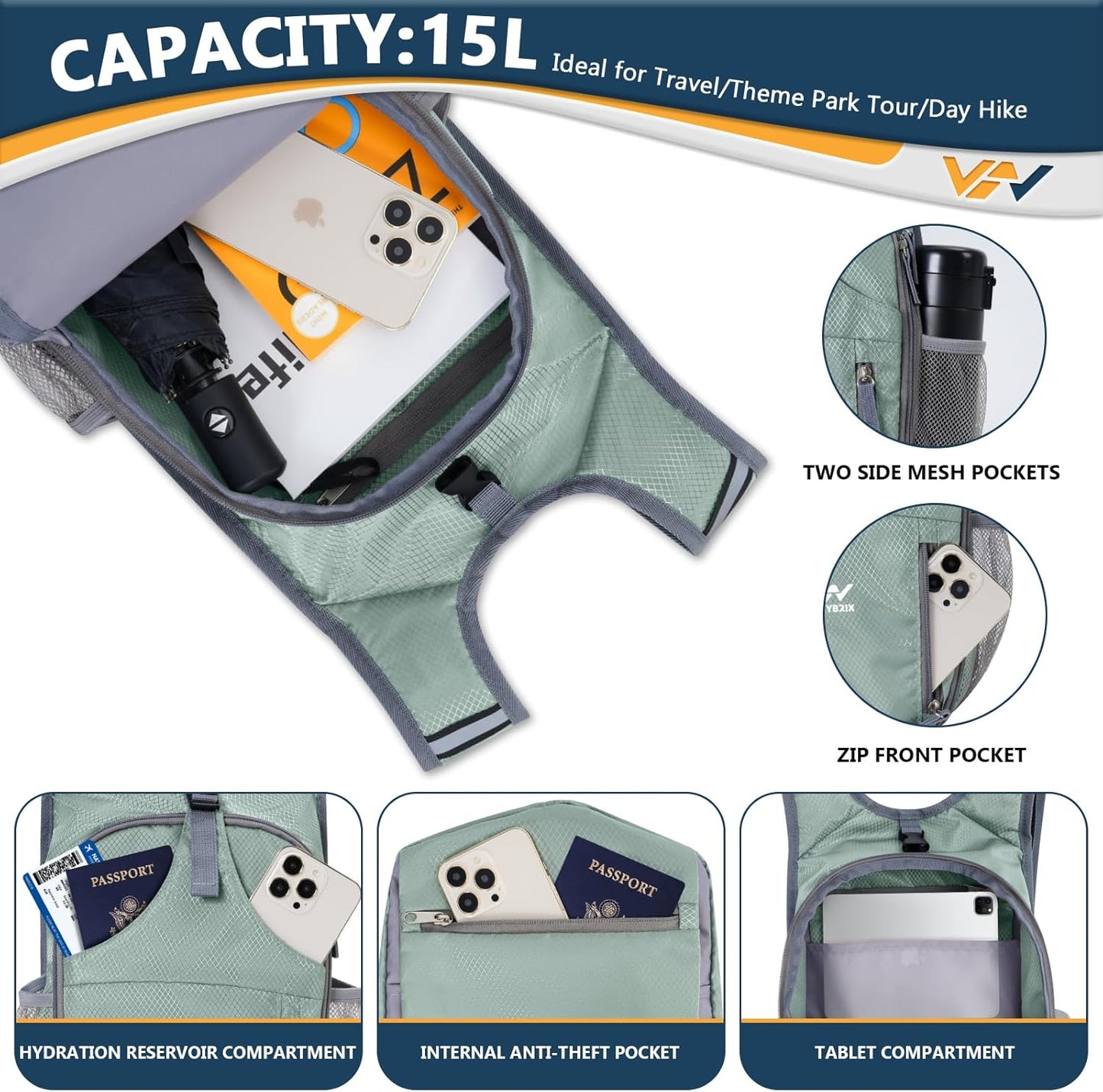 15L Foldable Hiking Backpack,Lightweight Packable Waterproof Machine Washable Daypack with Chest Strap,Small Folding Pack for Travel/Walking for Men&Women-0.52LB Grey