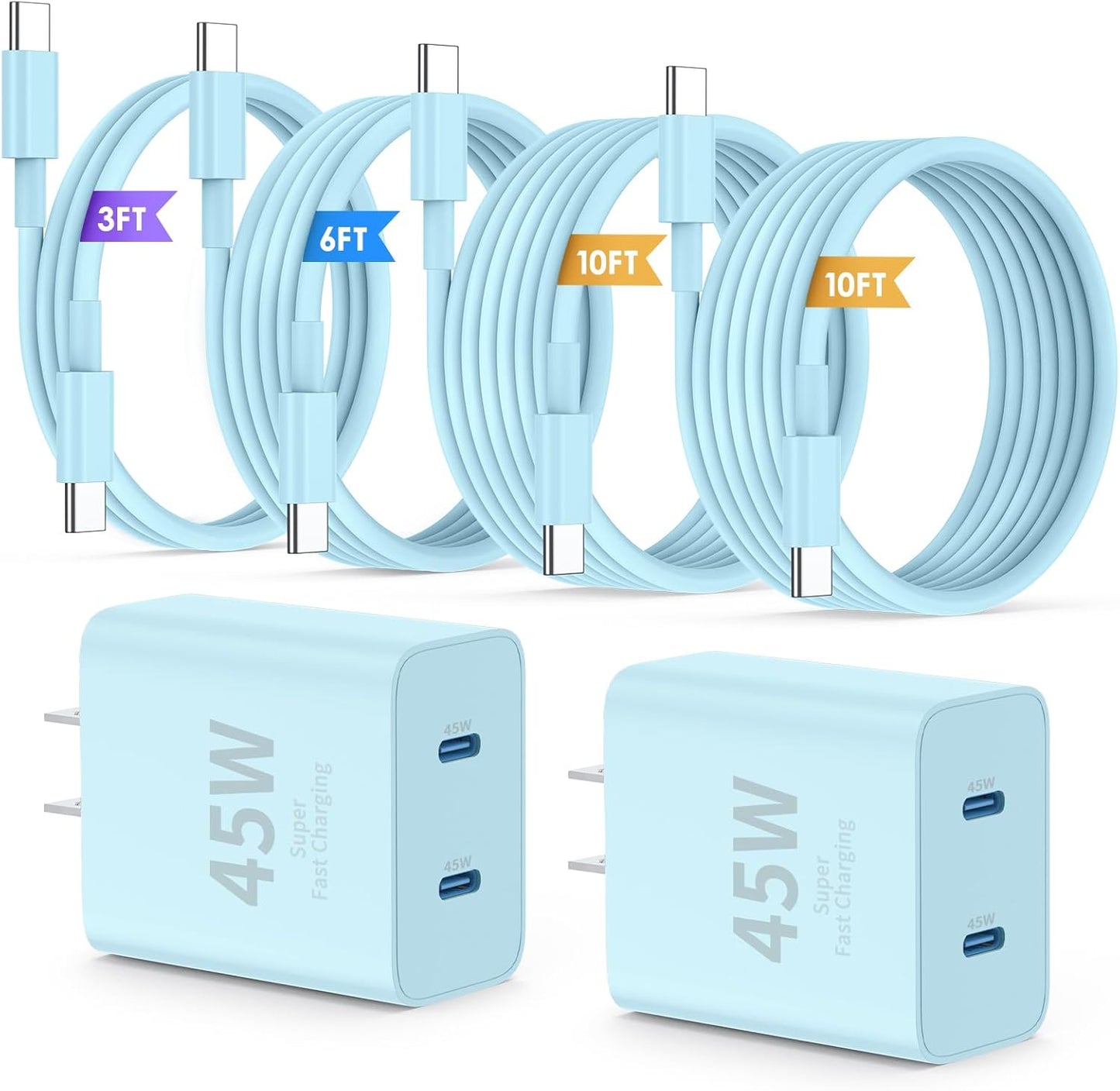 iPhone 16 15 Pro Max Charger Fast Charging,45W Dual Port USB C Fast Charger Block [2-Pack] & Extra Long 60W 3/6/10/10FT USB C Cable - PD Quick Adapter 3.0 for iPhone 16 15/16 15Pro/16 15 Plus.