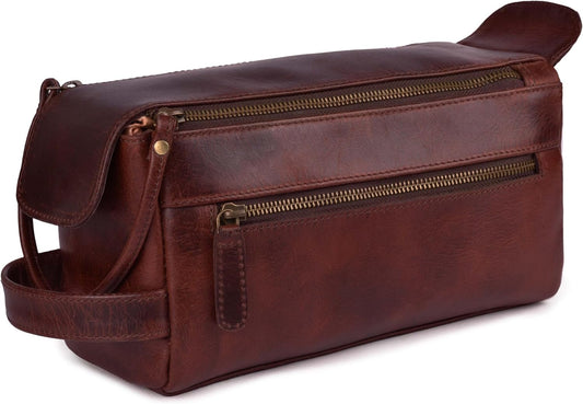 LEATHER VILLAGE Premium Leather Travel Toiletry Bag - Unisex Water-Resistant Travel Bag for Toiletries, Shaving & Cosmetic Organizer for Men & Women - Compact Bathroom Essentials - Cherry Brown