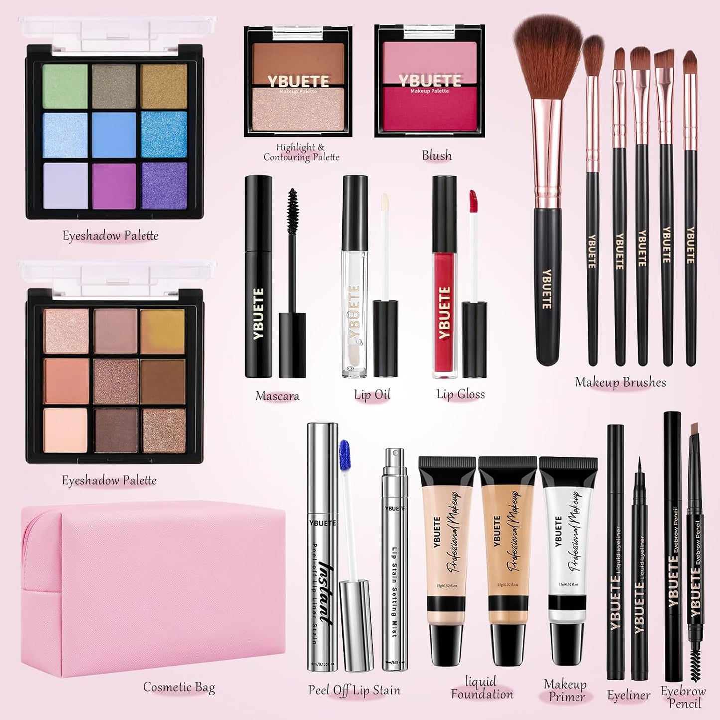 Makeup Full Kit for Beginners Girls Women, Travel Makeup Set Present for Her,Cosmetic Set Include Eyeshadow Blush Lip Gloss Peel Off Lip Stain Eyeliner Mascara Eyebrow Pencil Cosmetic Bag