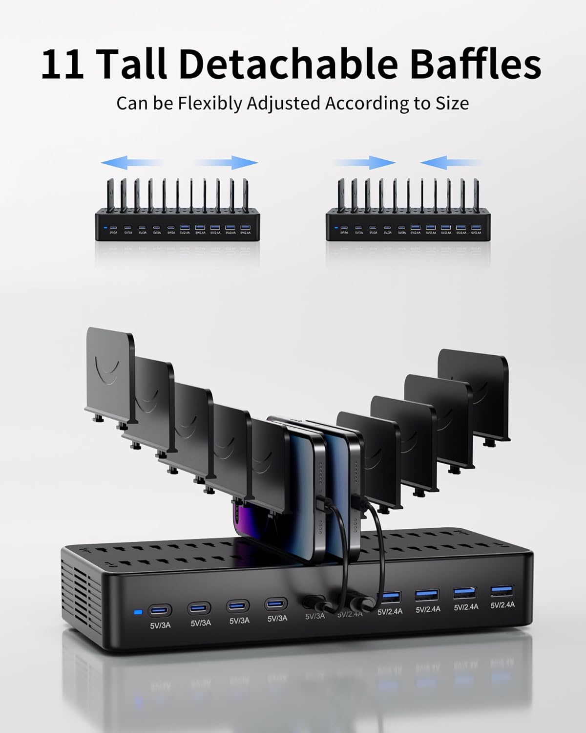 100W Charging Station for Multiple Devices, 10-Port USB Fast Charging Station with Adjustable Dividers & 10 Cables- Multi Device Organizer Charging Dock for iPhone, iPad, Tablets & More