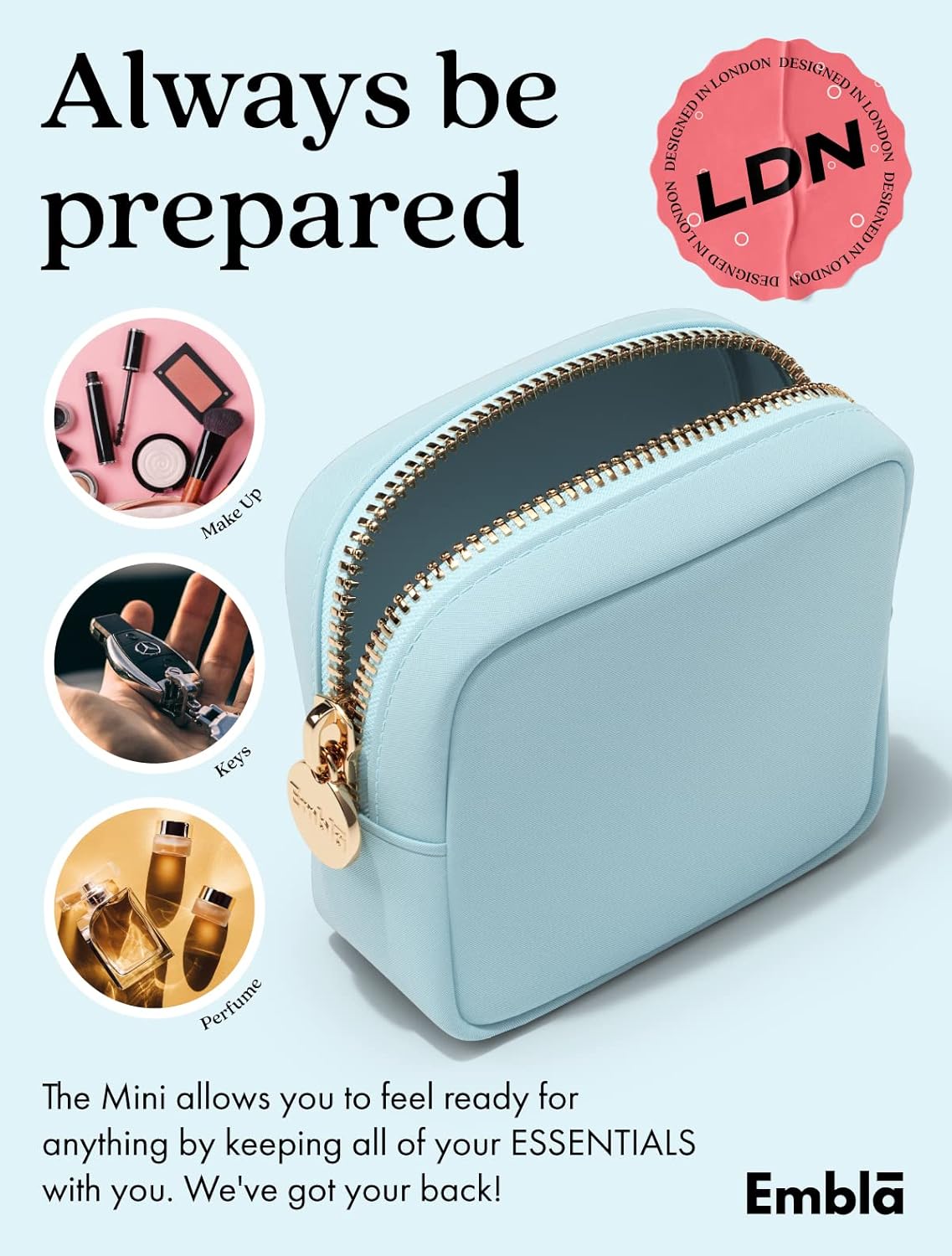 Embla Makeup Bag Travel Cosmetics Pouch and Toiletry Bag, Nylon Zipper Pouch Purse, Cute Make Up Organizer Storage Tote for Women Girls, Waterproof Travel Skincare Case, Small Makeup Bags, Sky Blue